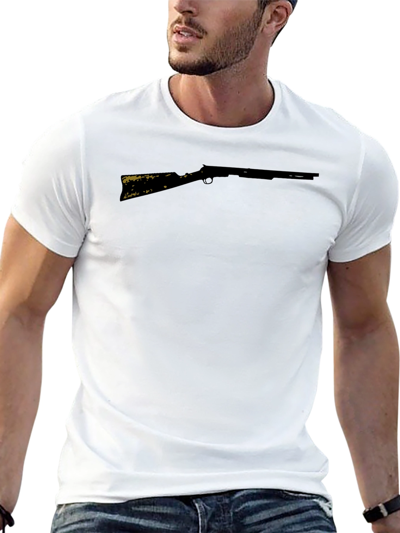 Camiseta Negra Rifle Estampado Casual Hombre