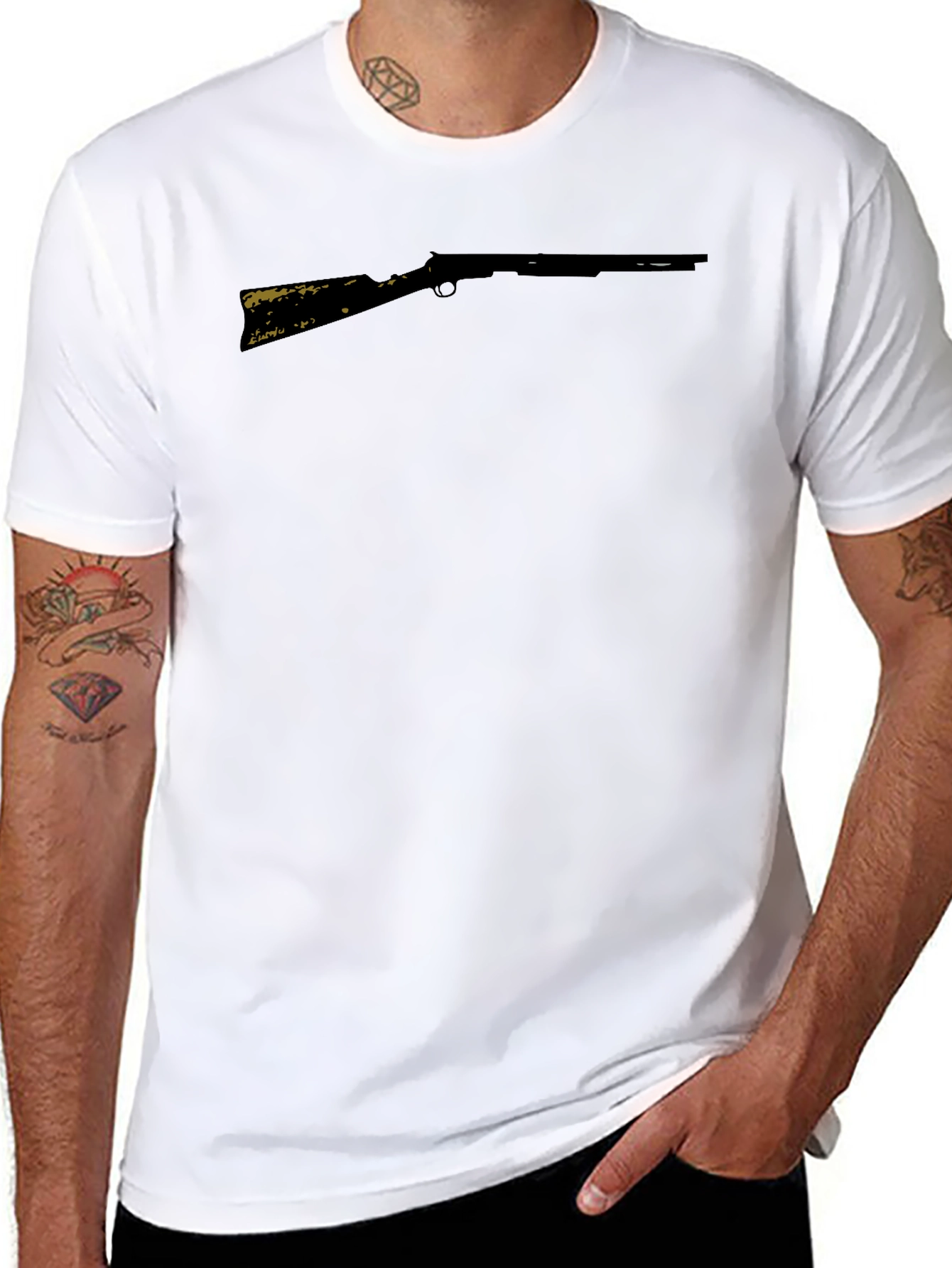 Camiseta Negra Rifle Estampado Casual Hombre