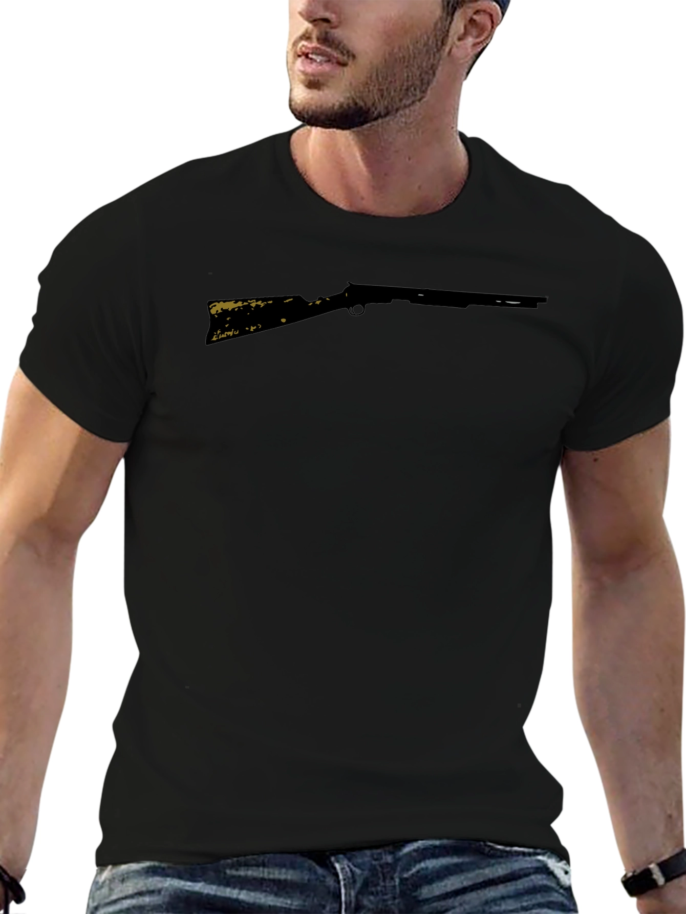 Camiseta Negra Rifle Estampado Casual Hombre