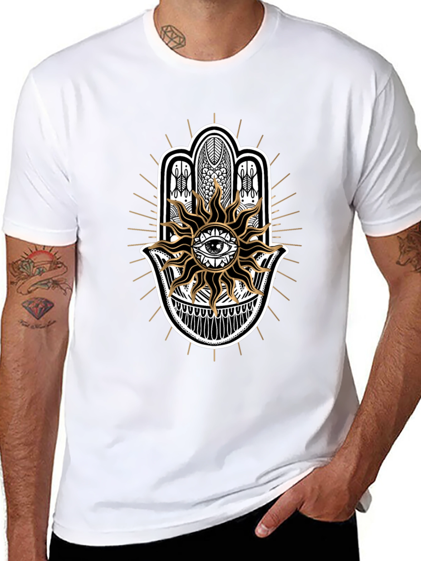 Camiseta Negra con Mano de Fátima y Sol
