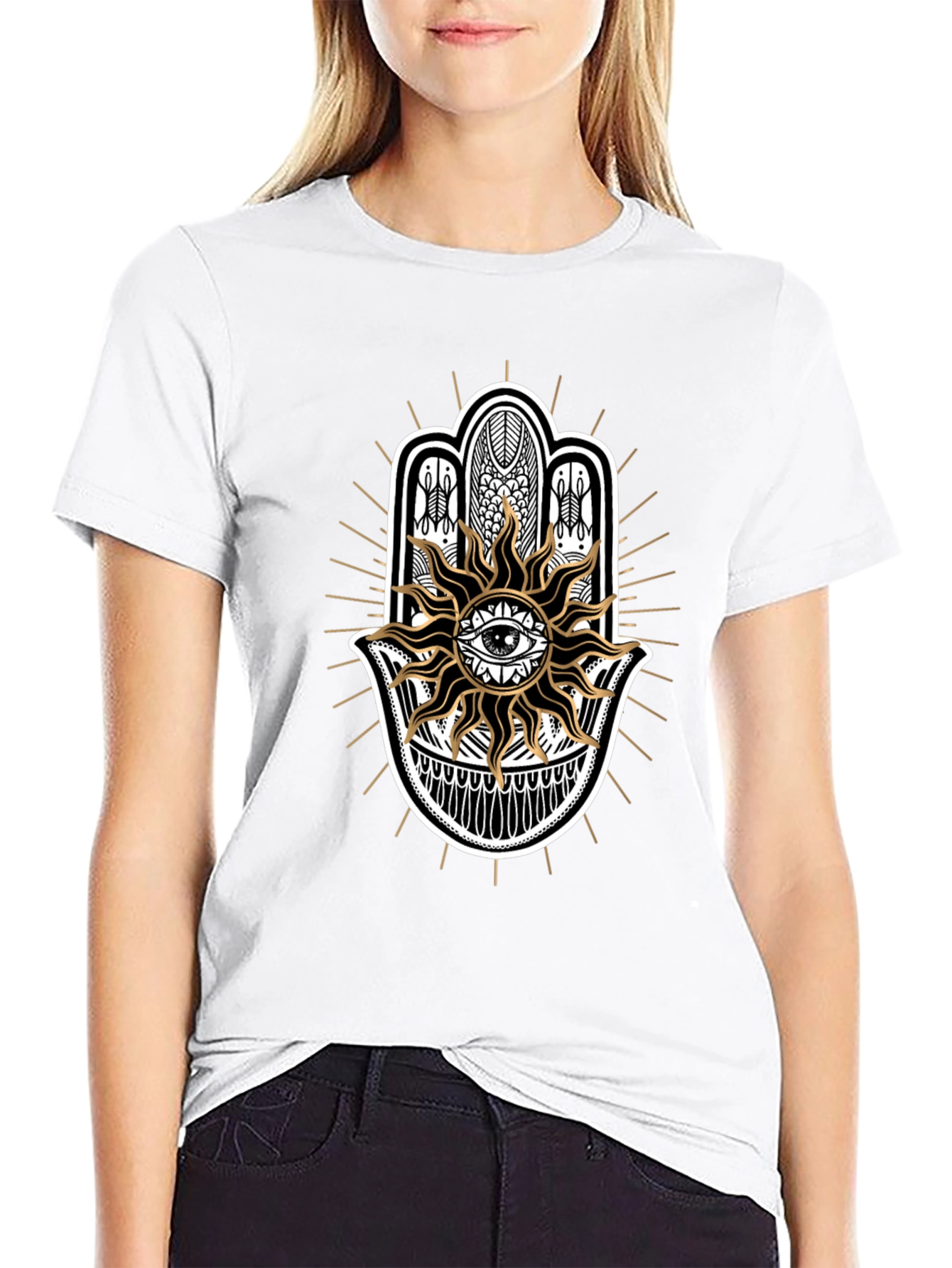 Camiseta Negra con Mano de Fátima y Sol