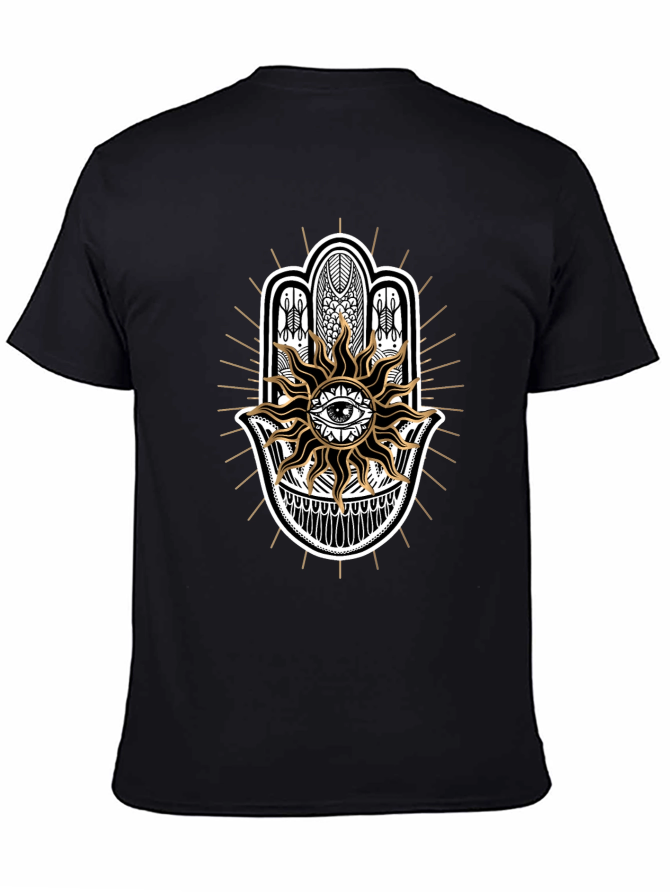 Camiseta Negra con Mano de Fátima y Sol