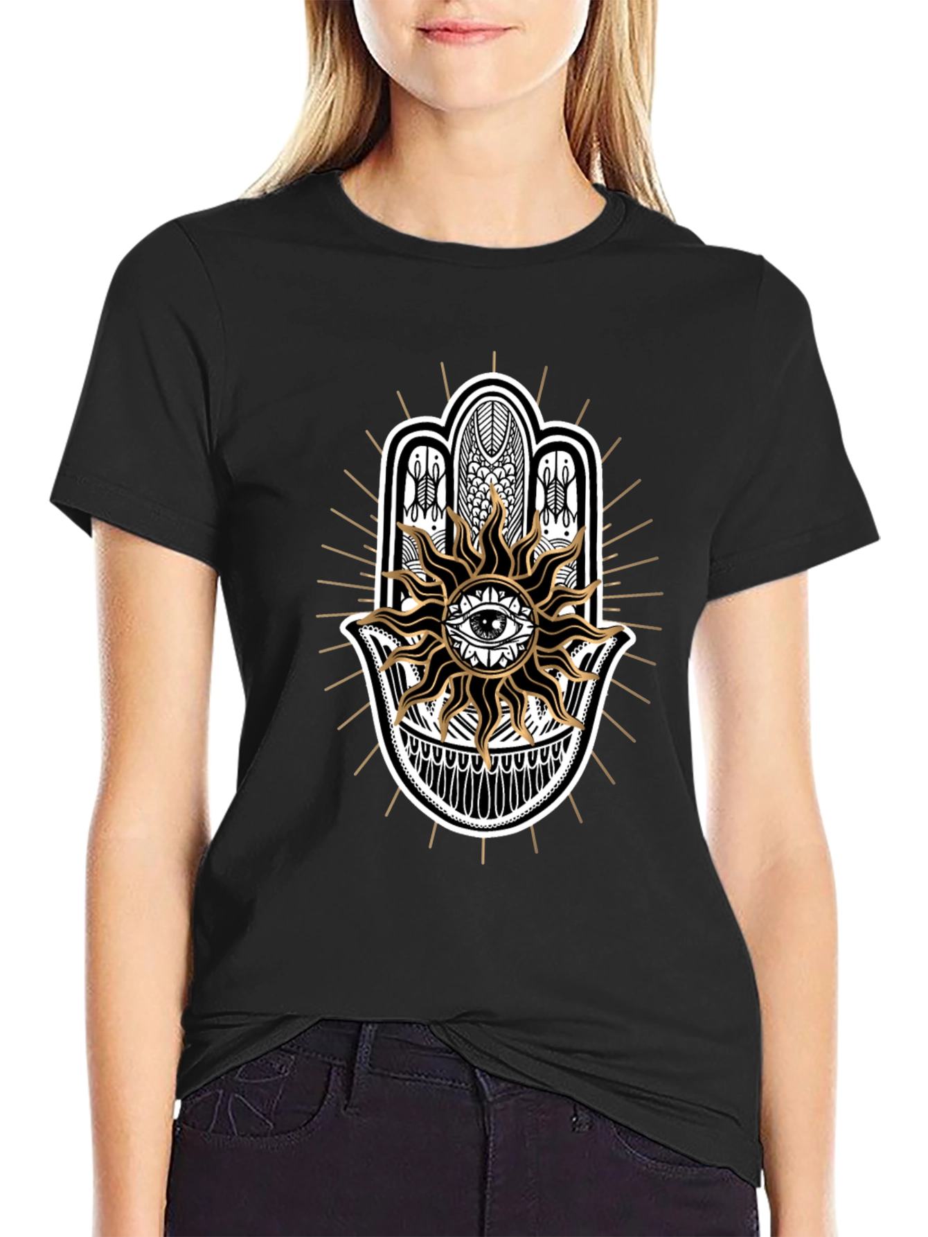 Camiseta Negra con Mano de Fátima y Sol