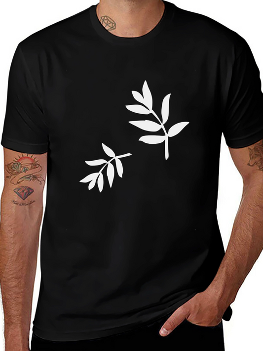 Camiseta Negra con Estampado de Hojas Blancas