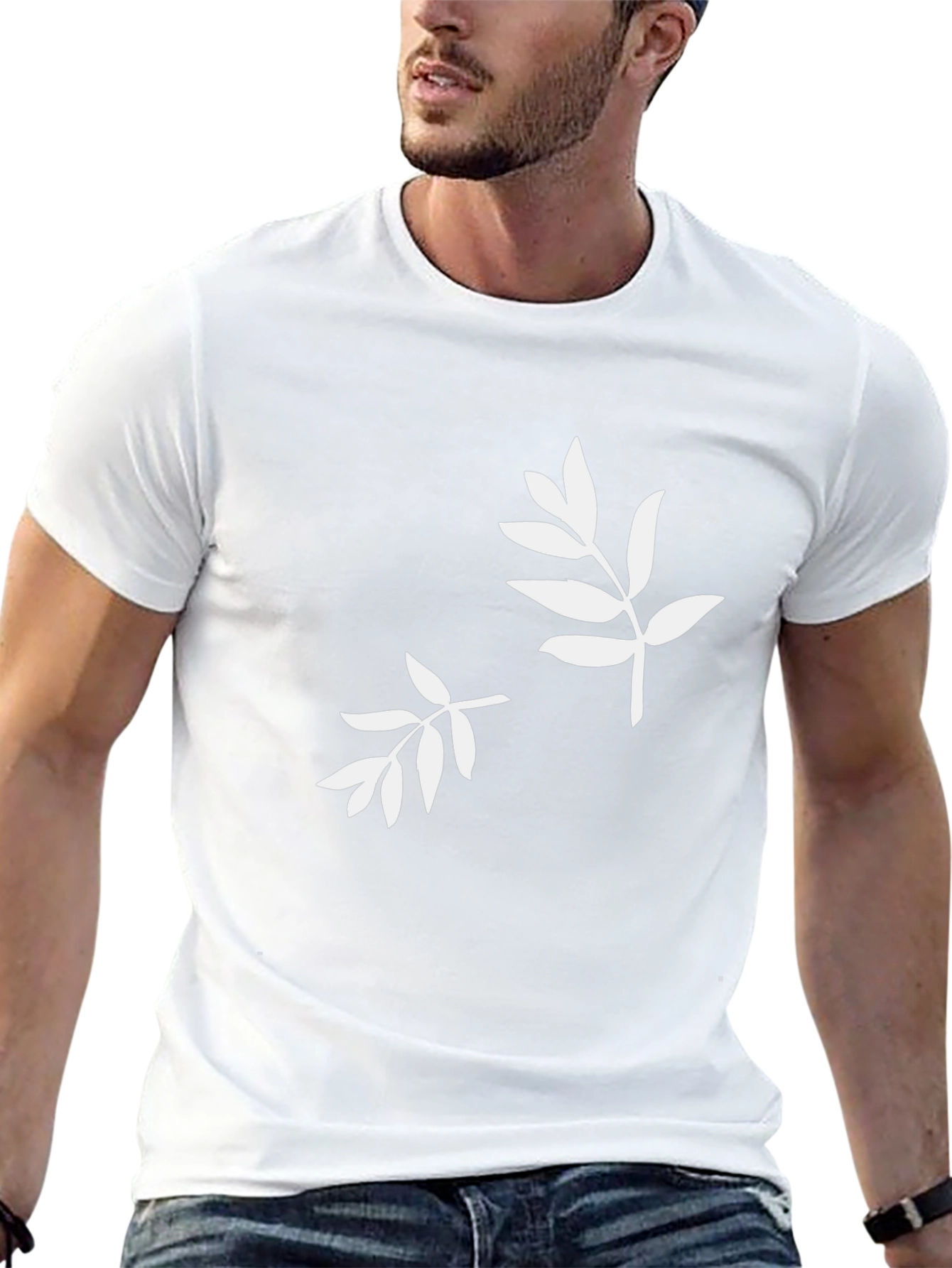 Camiseta Negra con Estampado de Hojas Blancas