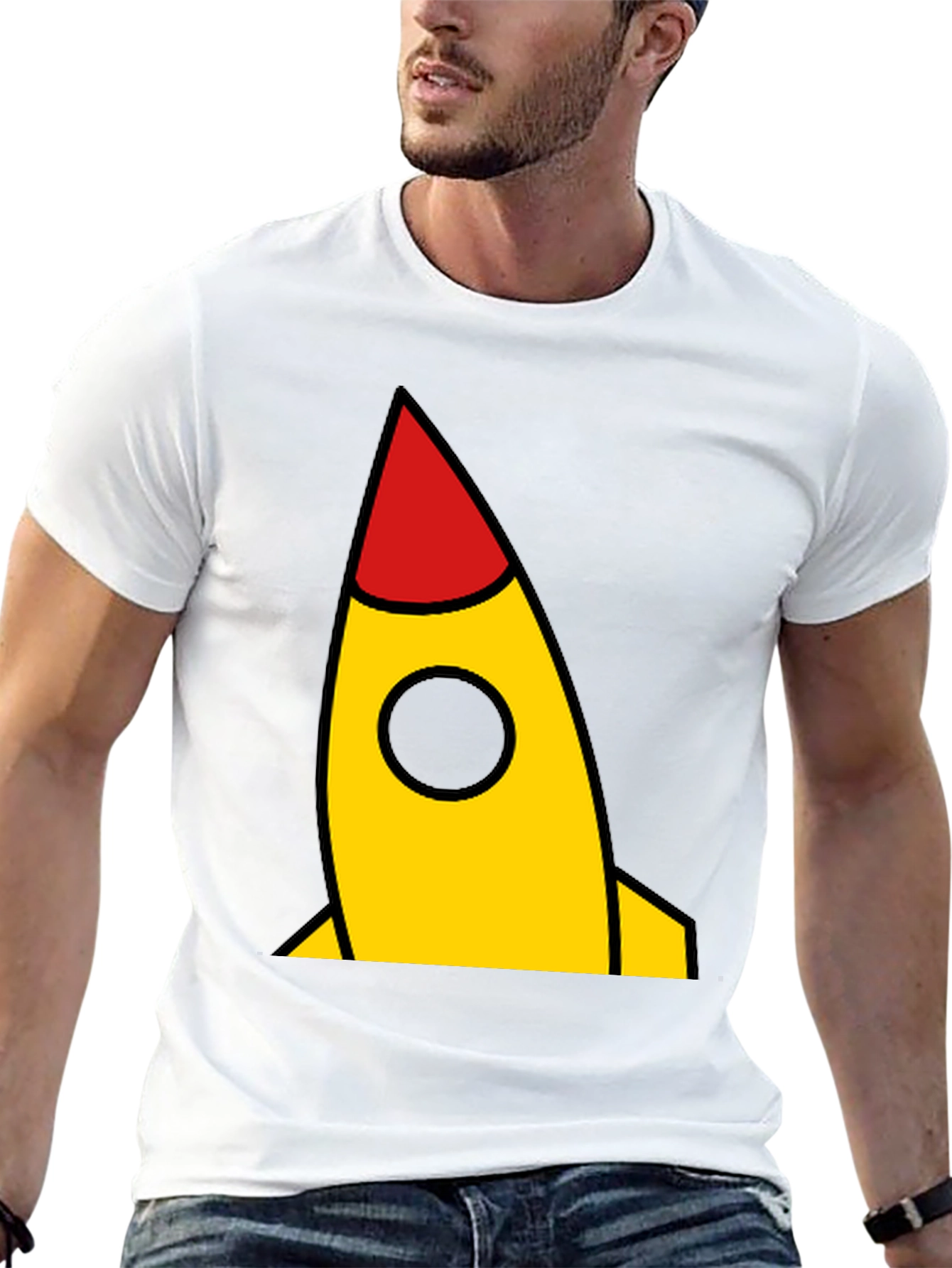 Camiseta Negra con Cohete Amarillo y Rojo