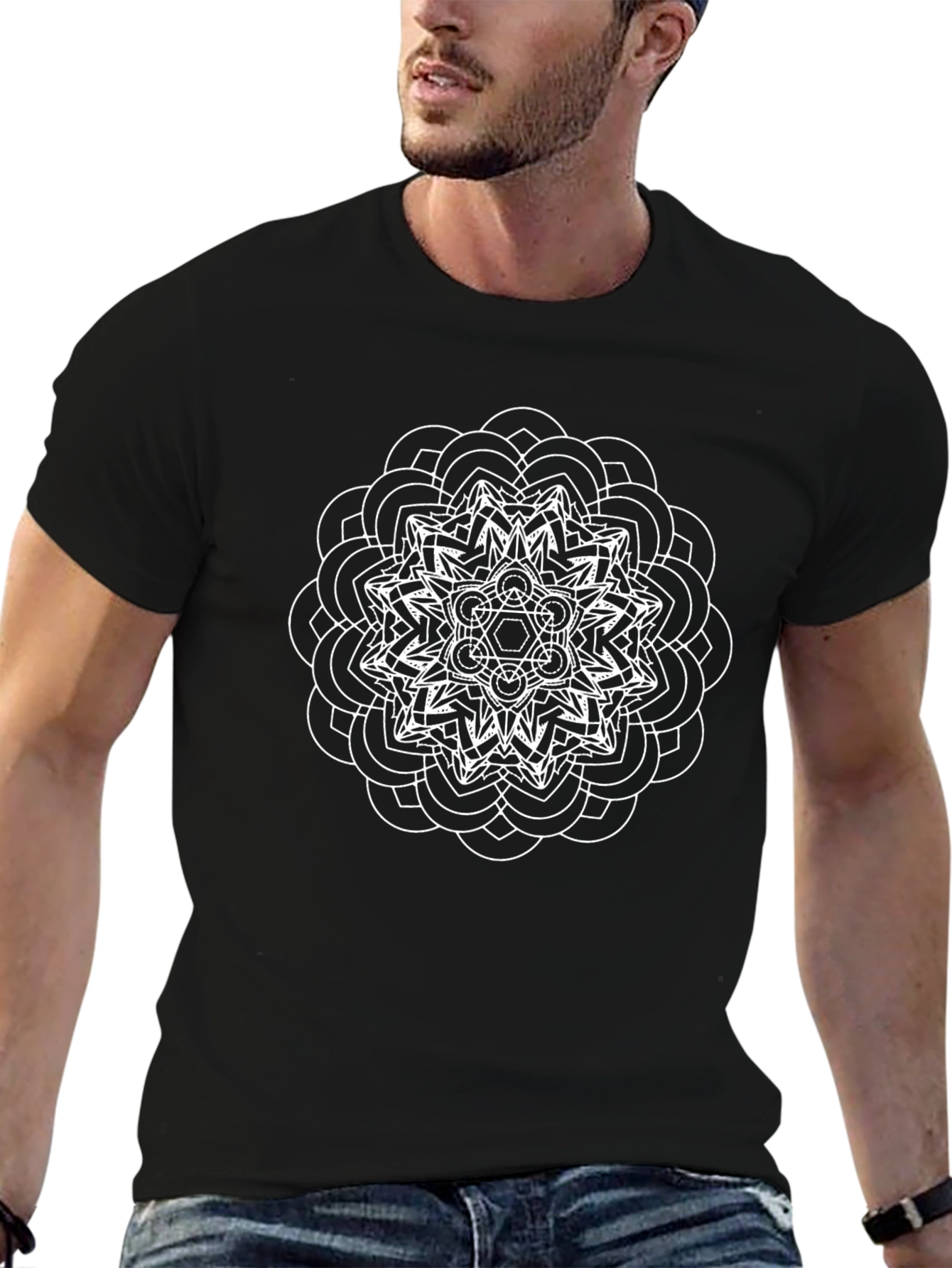 Camiseta Negra Mandala Blanca Hombre Casual