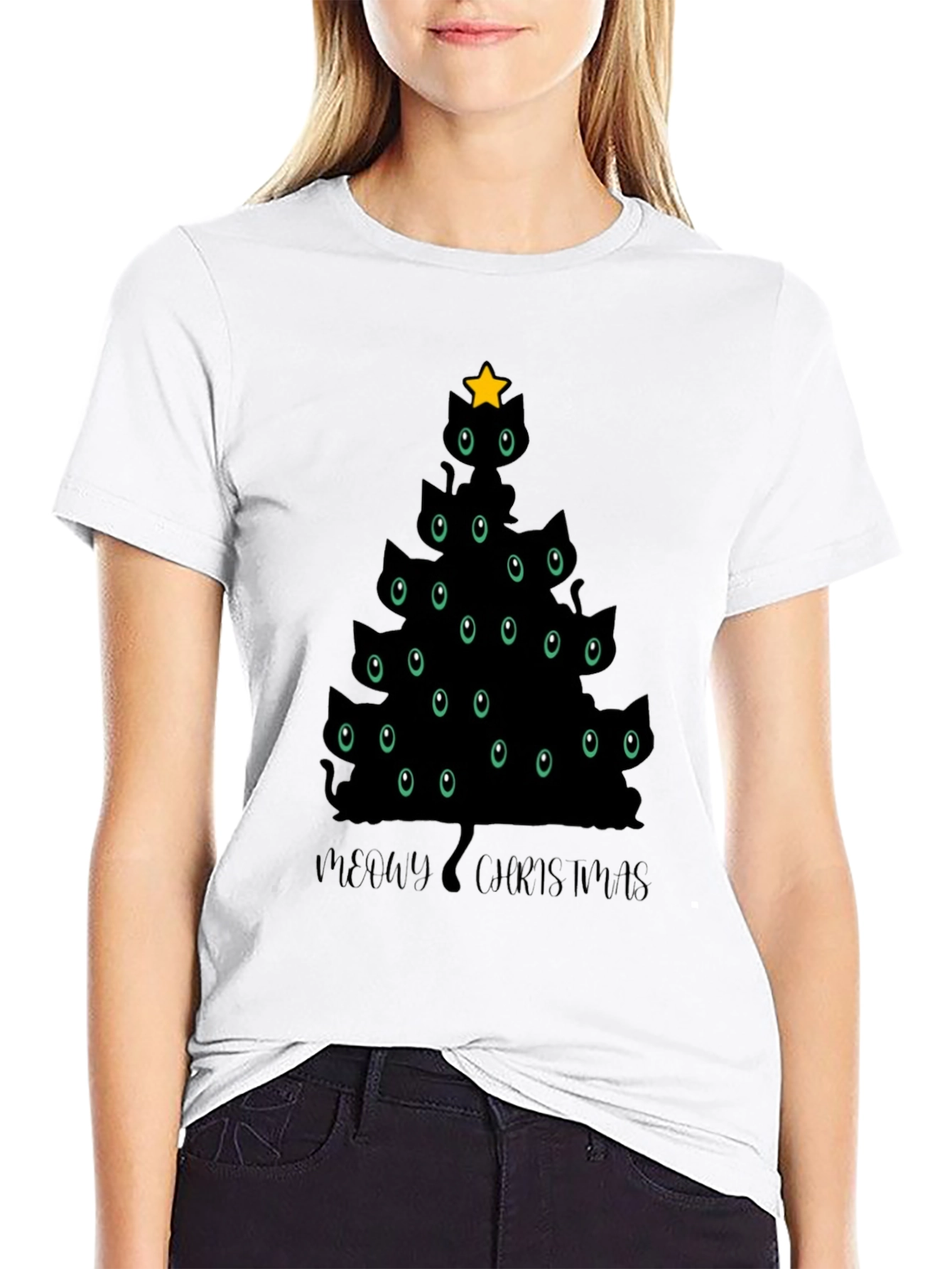 Camiseta Negra Árbol de Navidad Gatuno