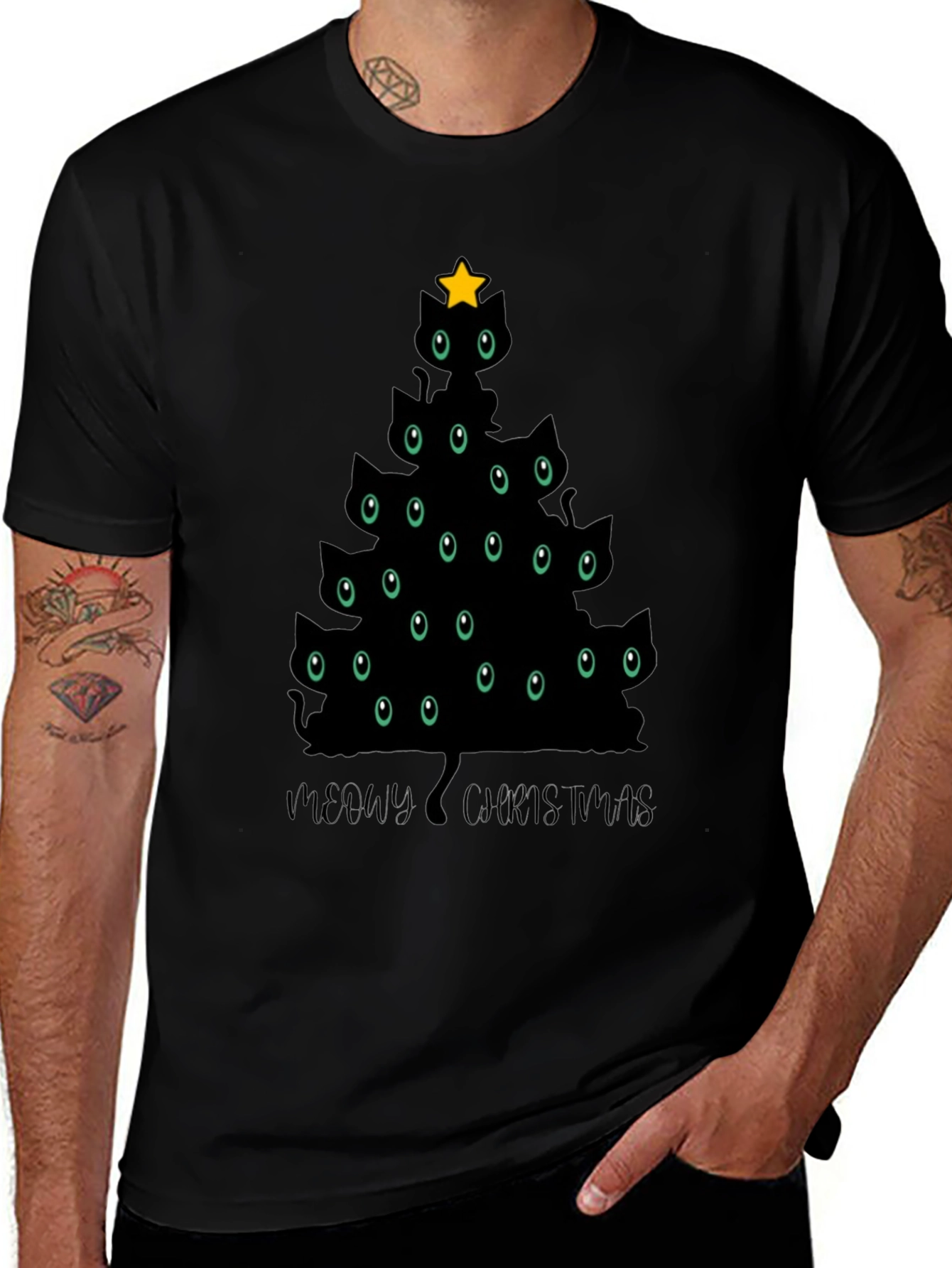 Camiseta Negra Árbol de Navidad Gatuno
