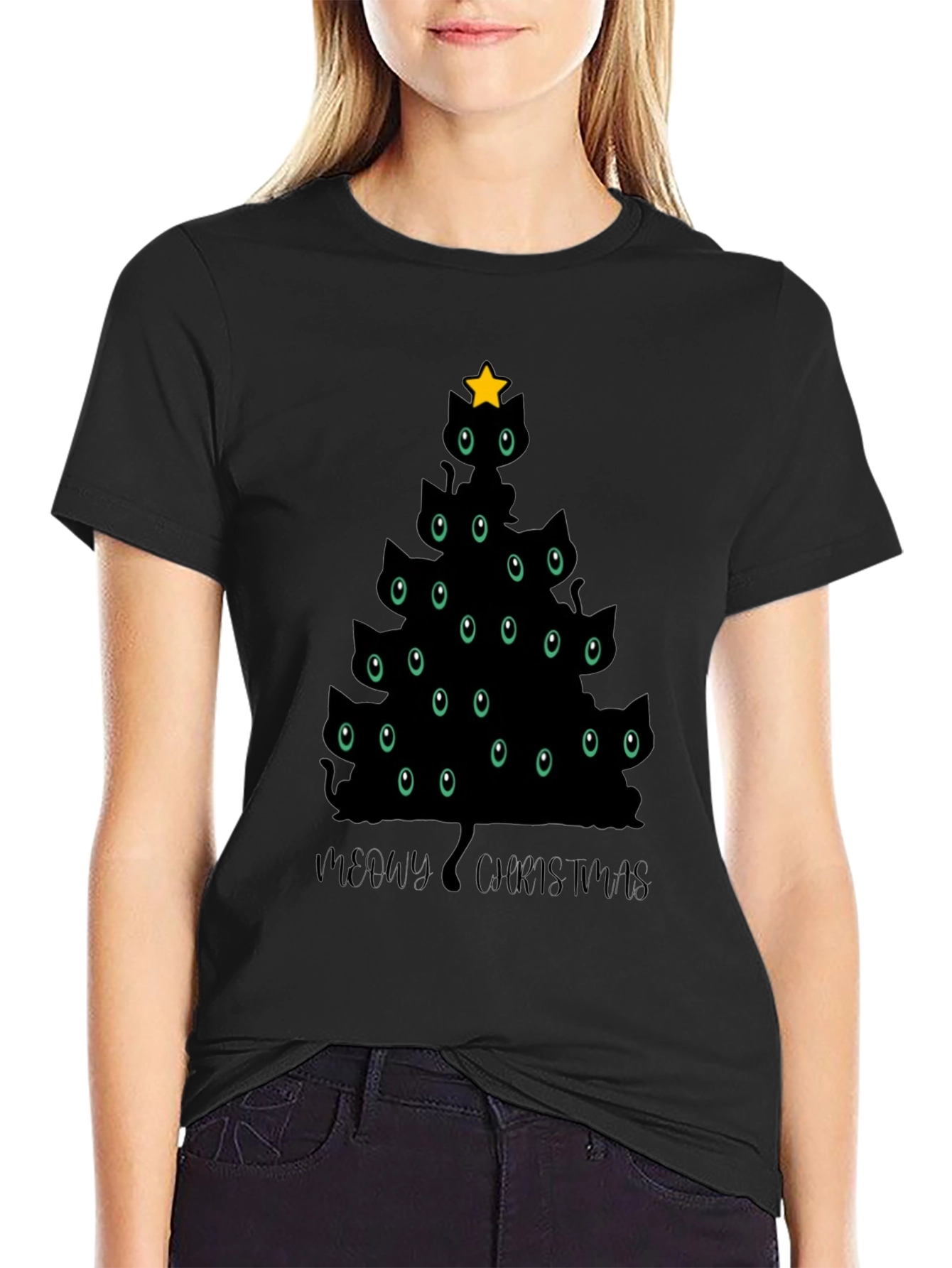 Camiseta Negra Árbol de Navidad Gatuno