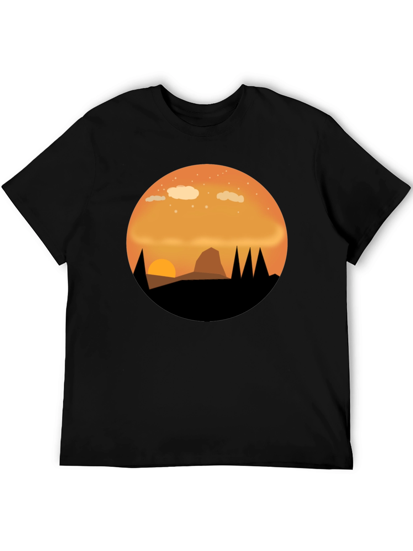 Camiseta Negra con Diseño de Atardecer Montañoso