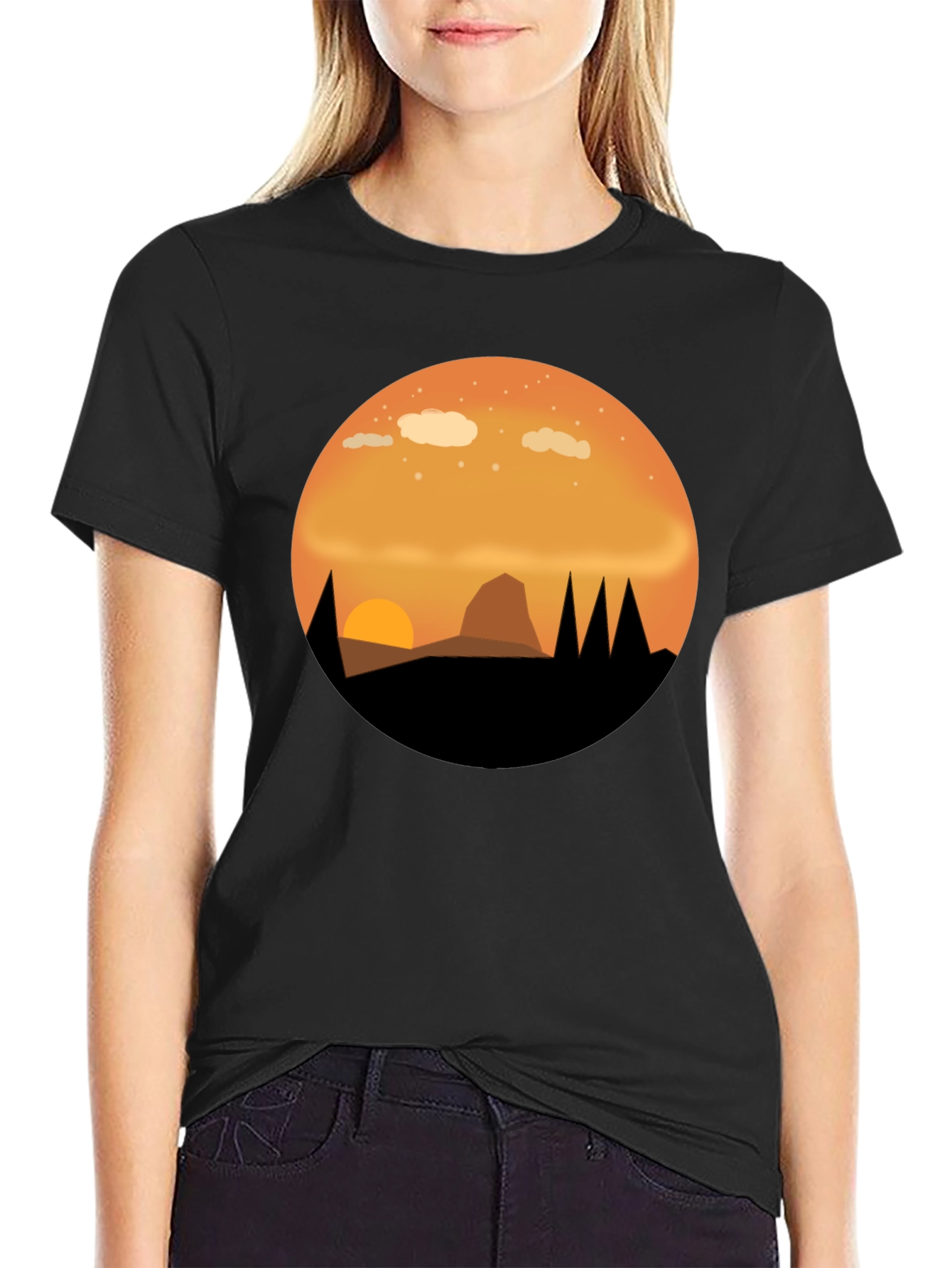 Camiseta Negra con Diseño de Atardecer Montañoso