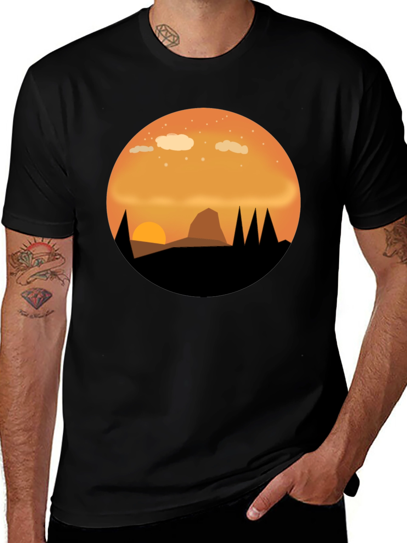 Camiseta Negra con Diseño de Atardecer Montañoso