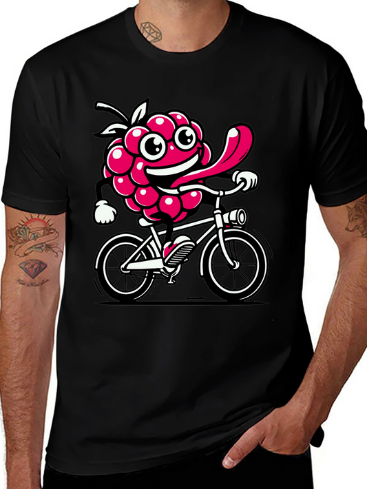Camiseta Negra con Diseño Divertido de Frambuesa Ciclista