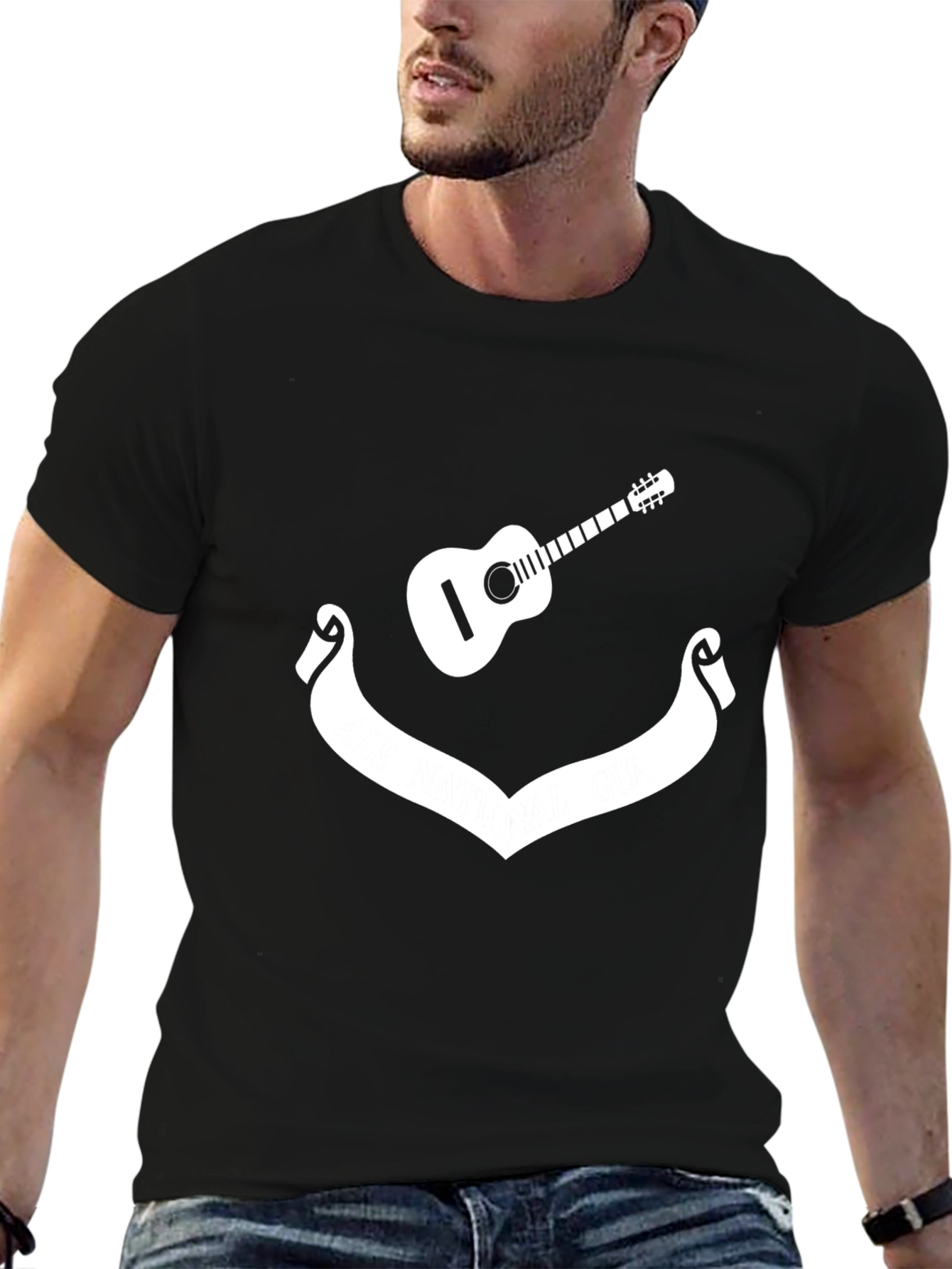 Camiseta Negra con Diseño de Guitarra y Cinta