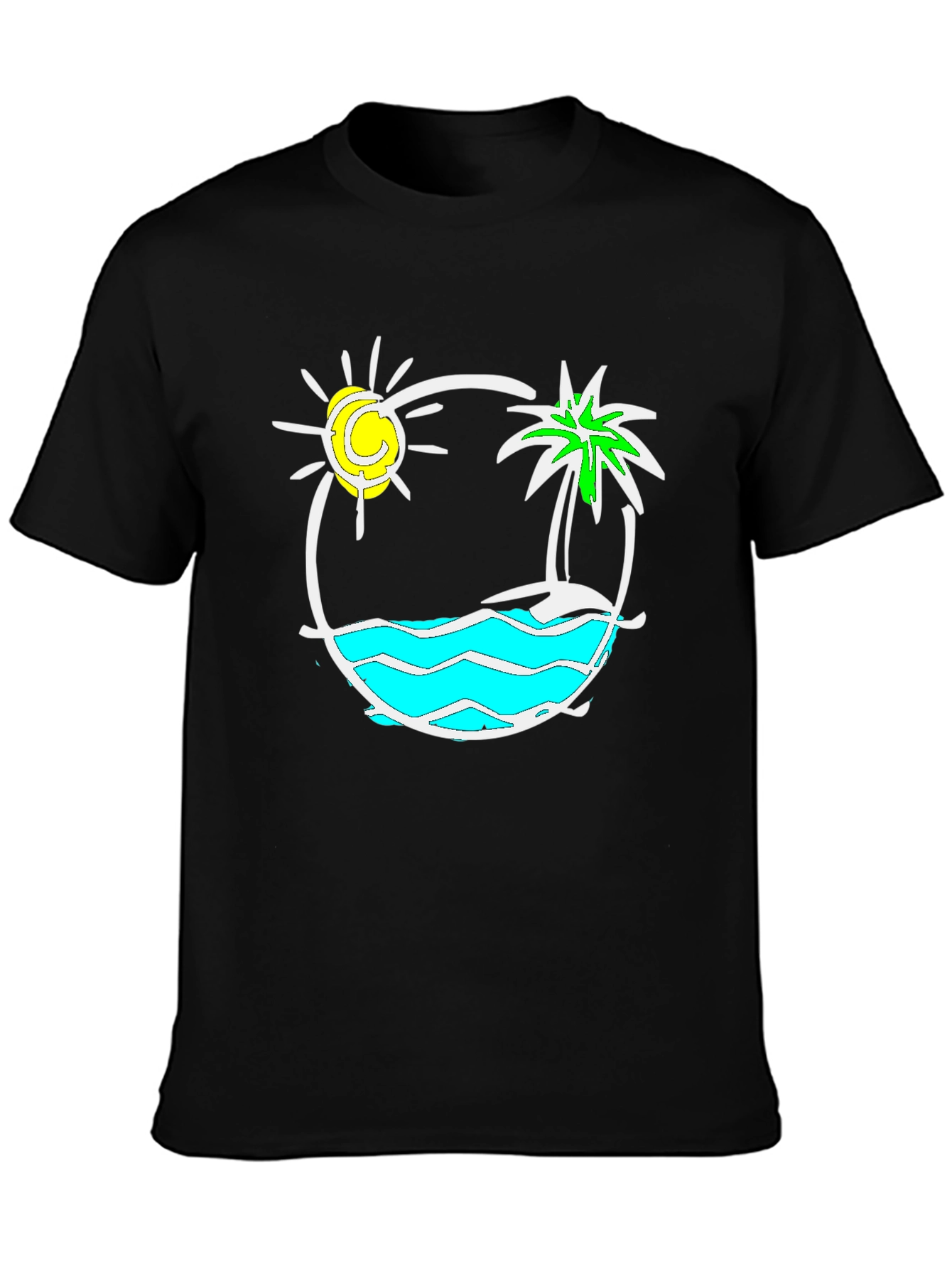 Camiseta Negra con Diseño Tropical Sol y Palmera