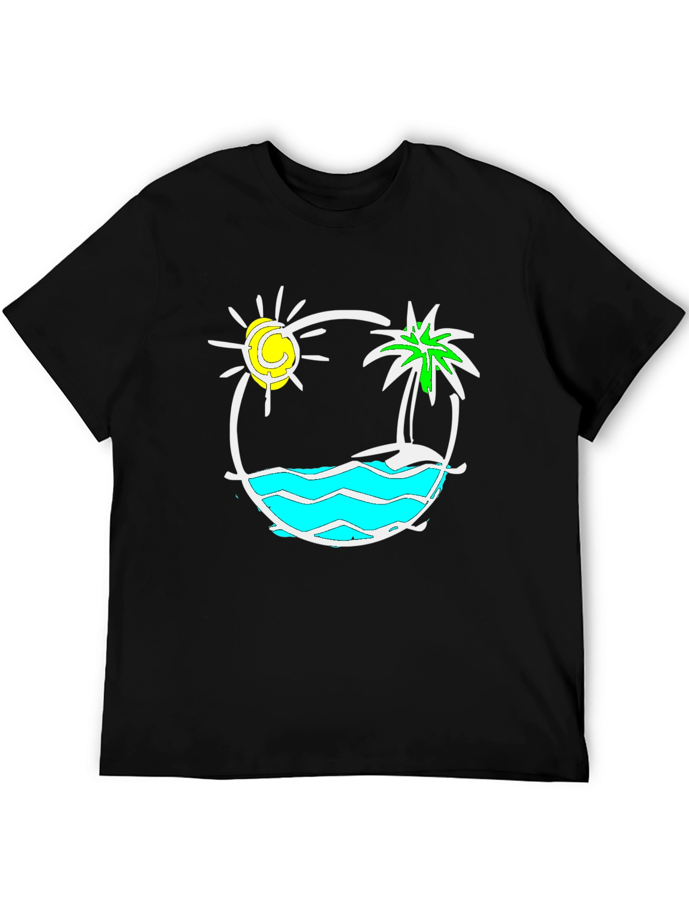Camiseta Negra con Diseño Tropical Sol y Palmera