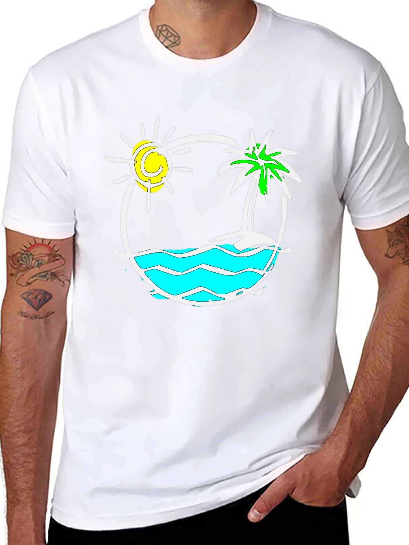 Camiseta Negra con Diseño Tropical Sol y Palmera