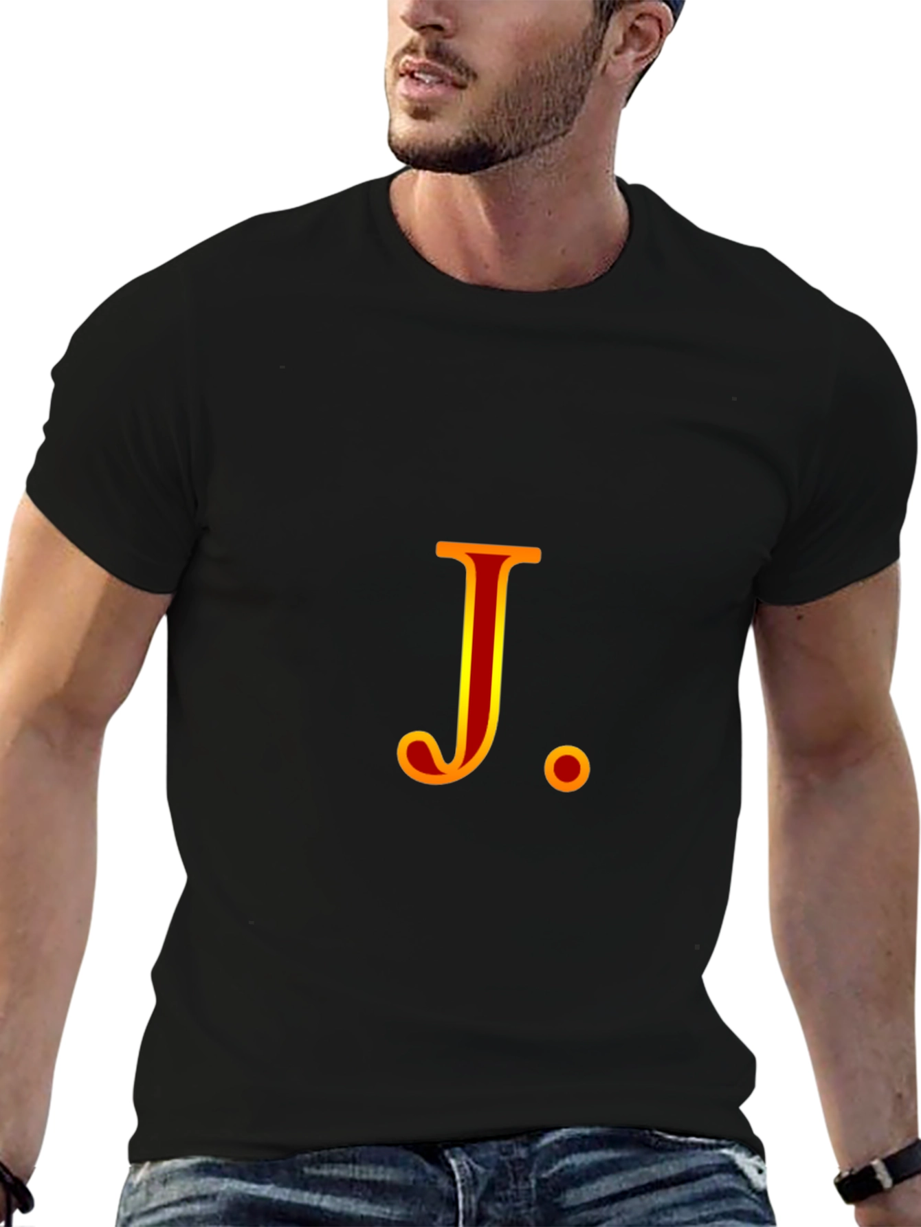 Camiseta Negra con Letra J Roja y Amarilla