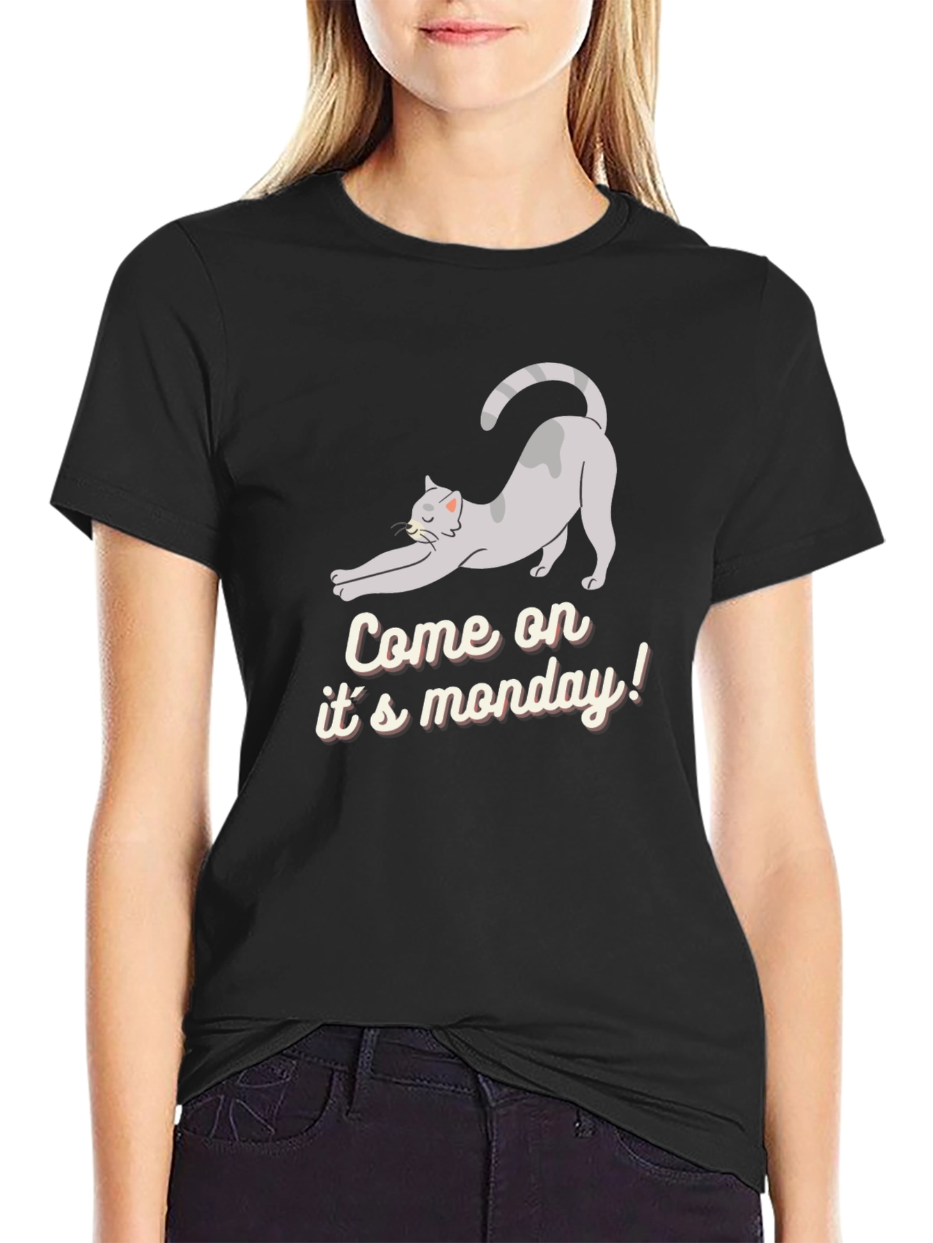 Camiseta Negra: Gato Perezoso Llega el Lunes