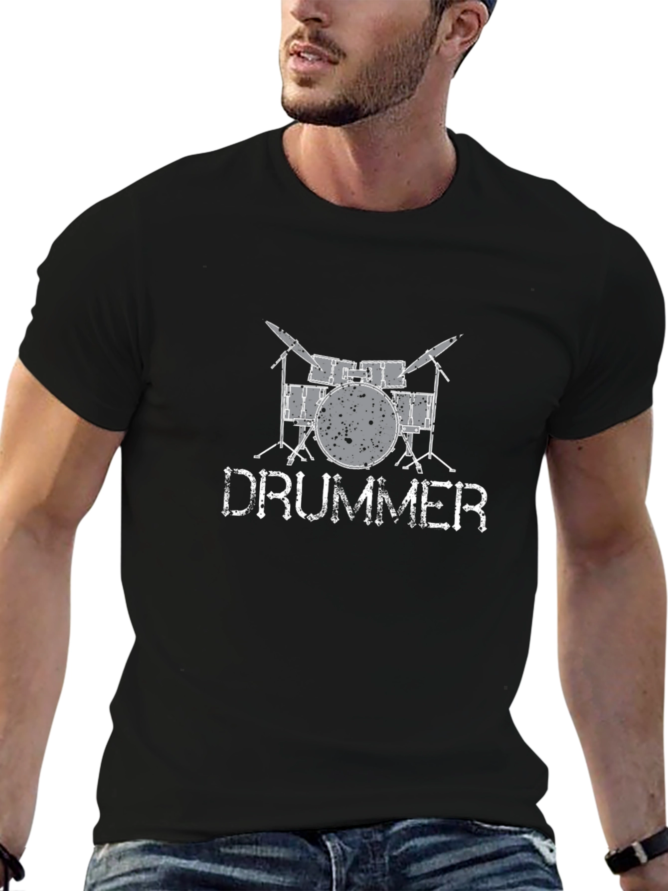 Camiseta Negra con Estampado de Batería y DRUMMER