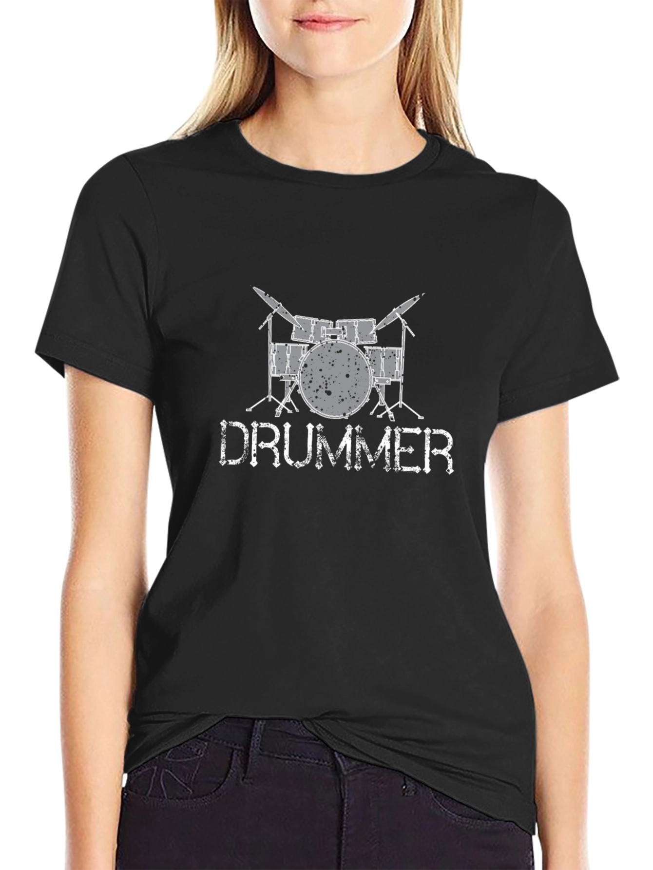 Camiseta Negra con Estampado de Batería y DRUMMER