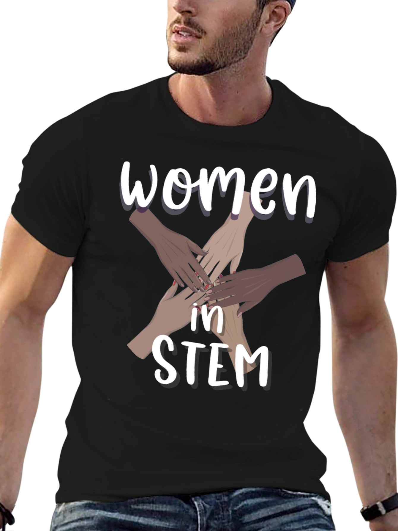 Camiseta Negra Women in STEM con Diseño de Manos