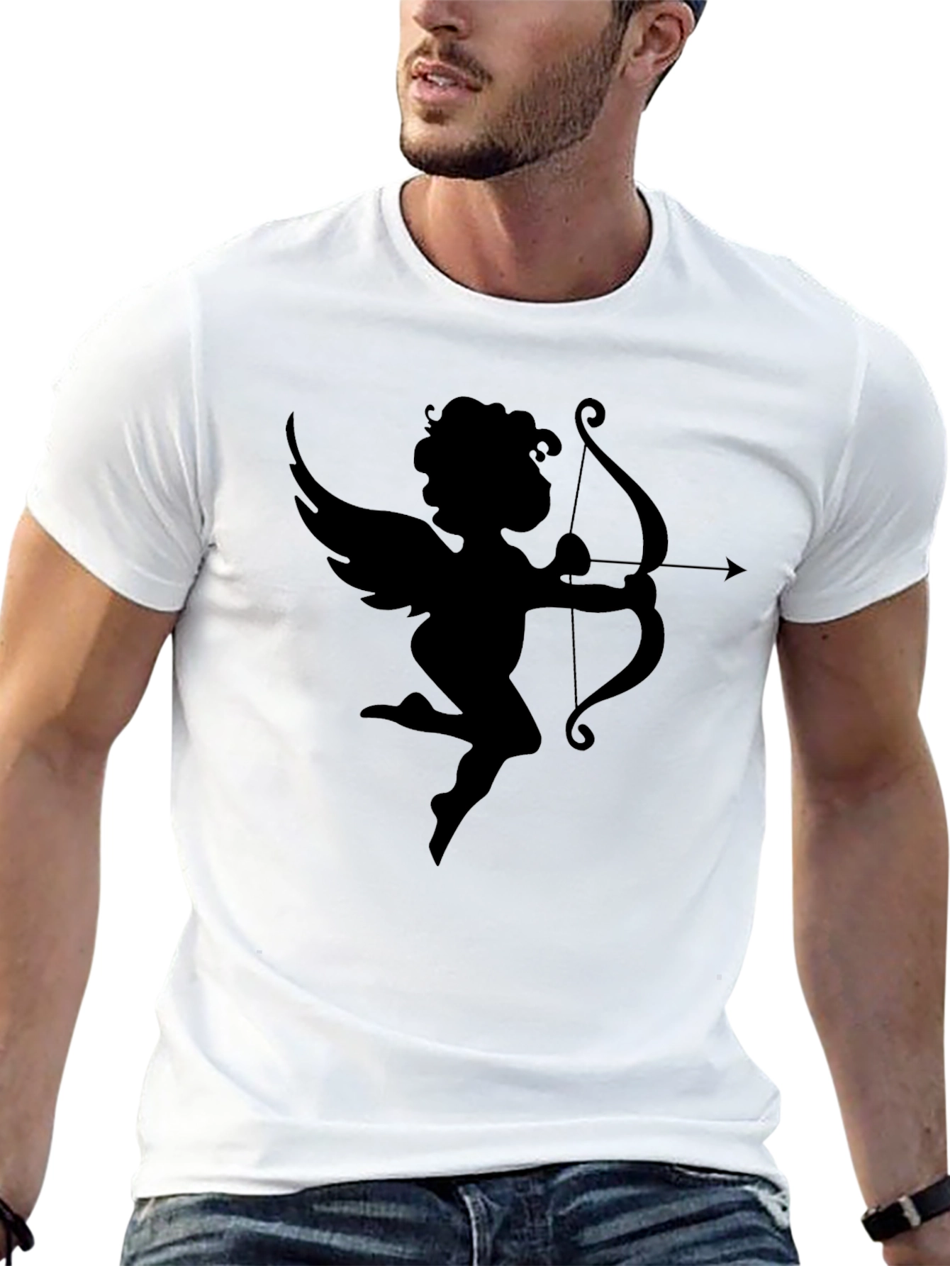Camiseta Negra Cupido con Arco San Valentín