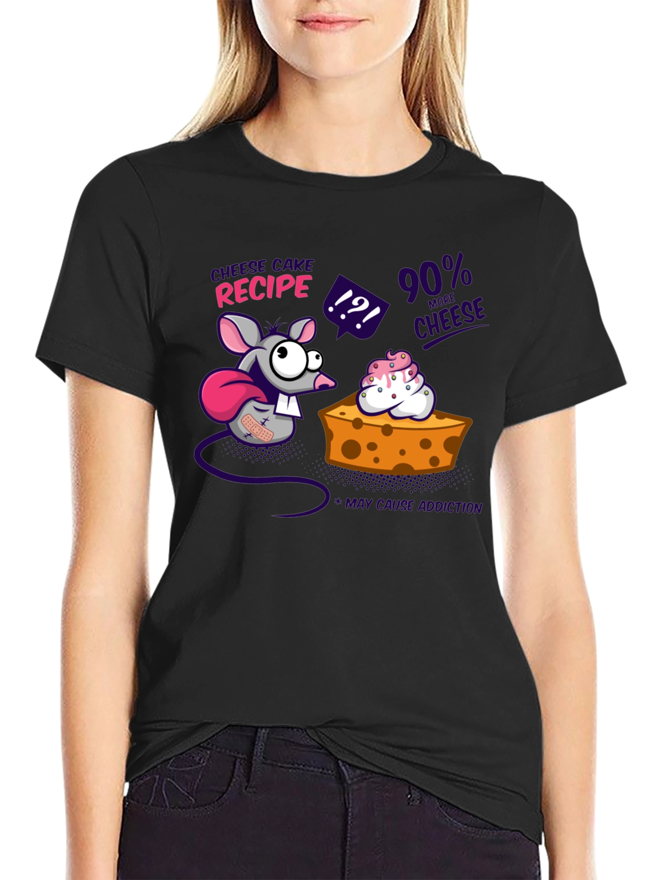 Camiseta Negra Divertida con Diseño de Ratón y Queso