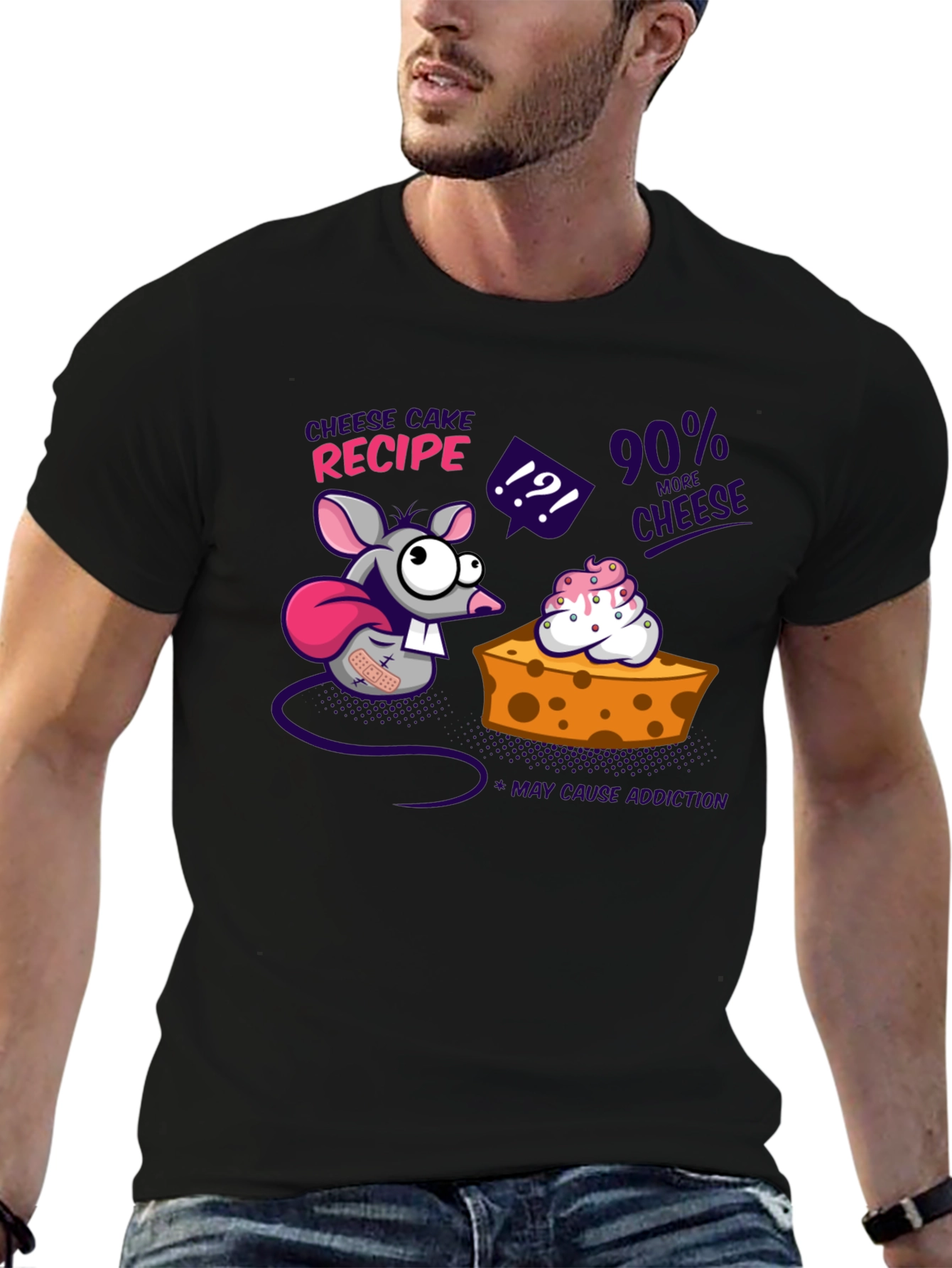 Camiseta Negra Divertida con Diseño de Ratón y Queso