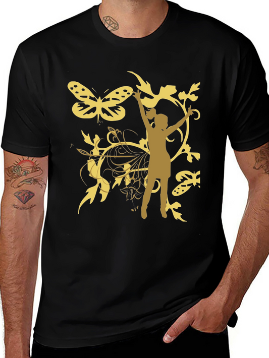 Camiseta Negra con Diseño de Mariposas y Silueta Dorada