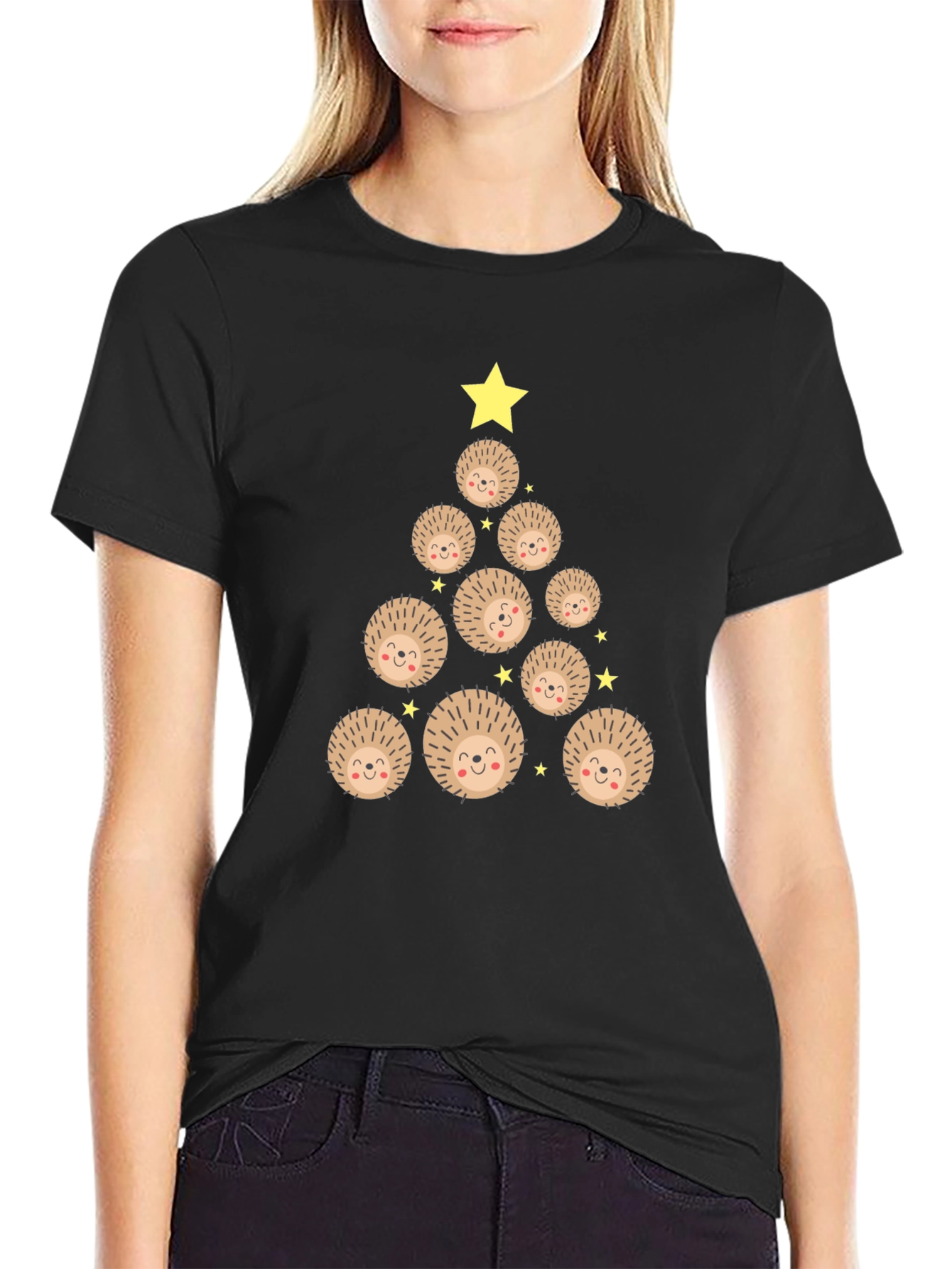 Camiseta Negra Árbol de Erizo Navideño
