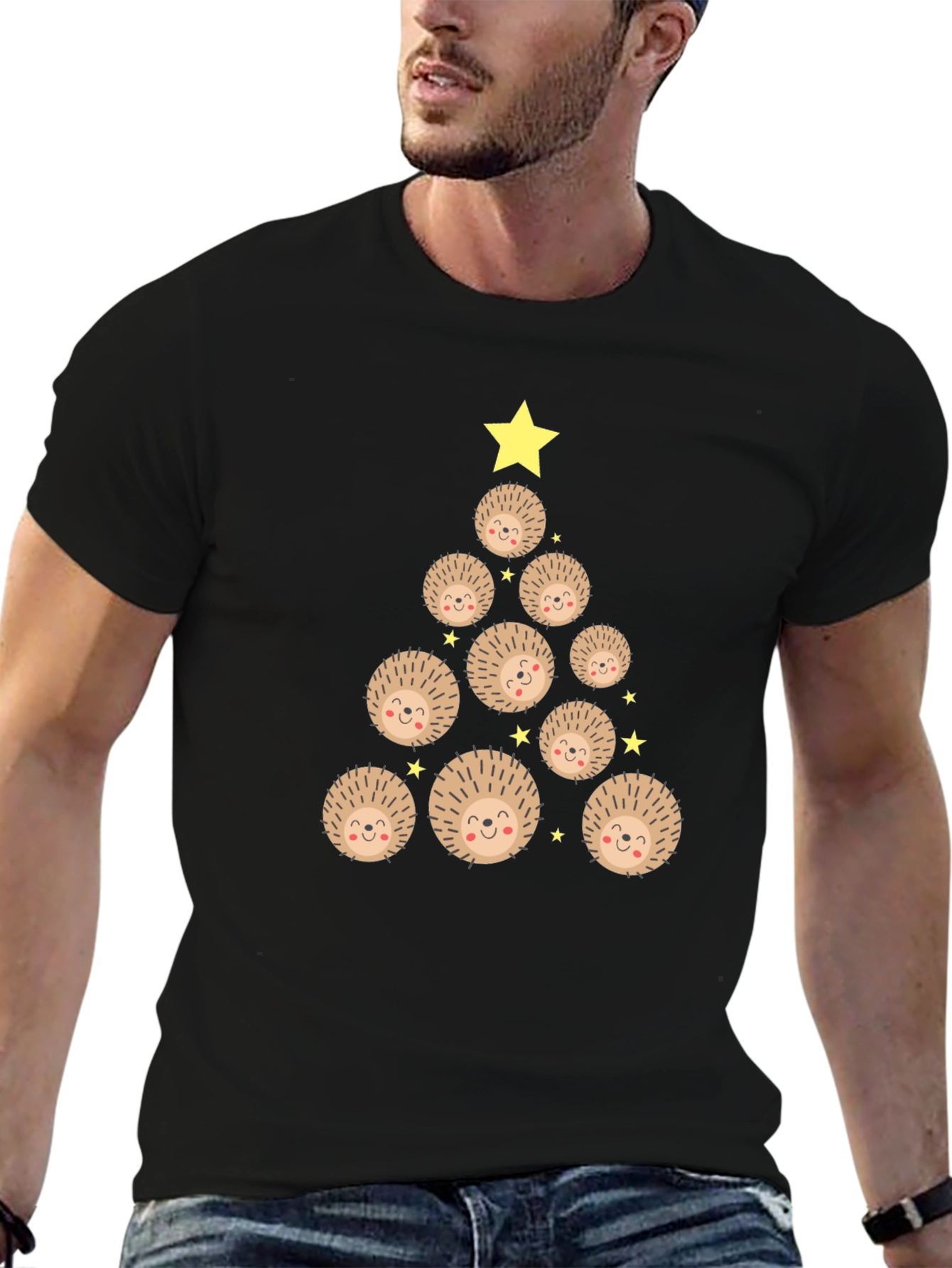 Camiseta Negra Árbol de Erizo Navideño