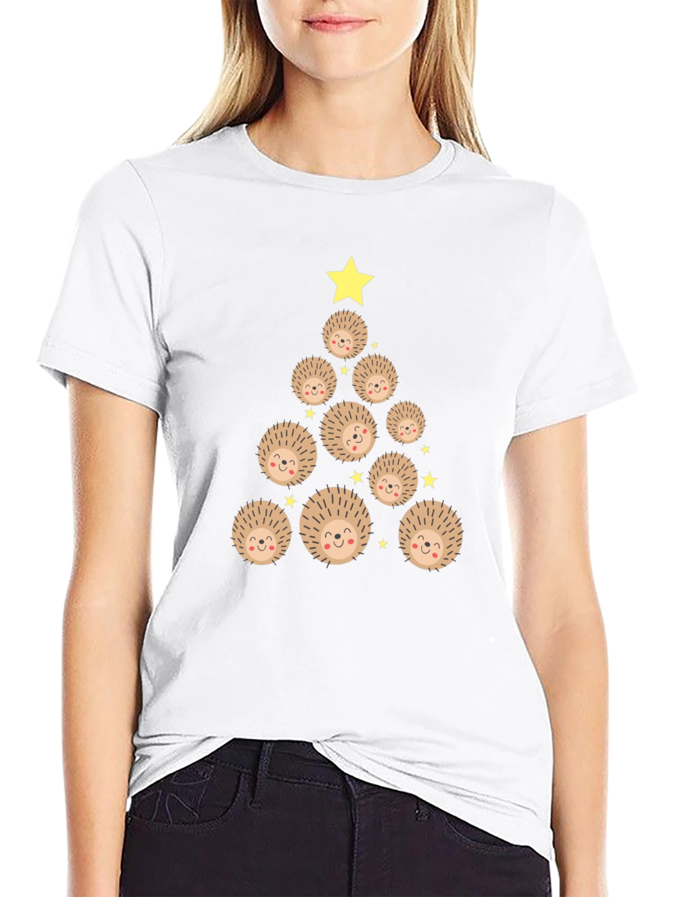 Camiseta Negra Árbol de Erizo Navideño