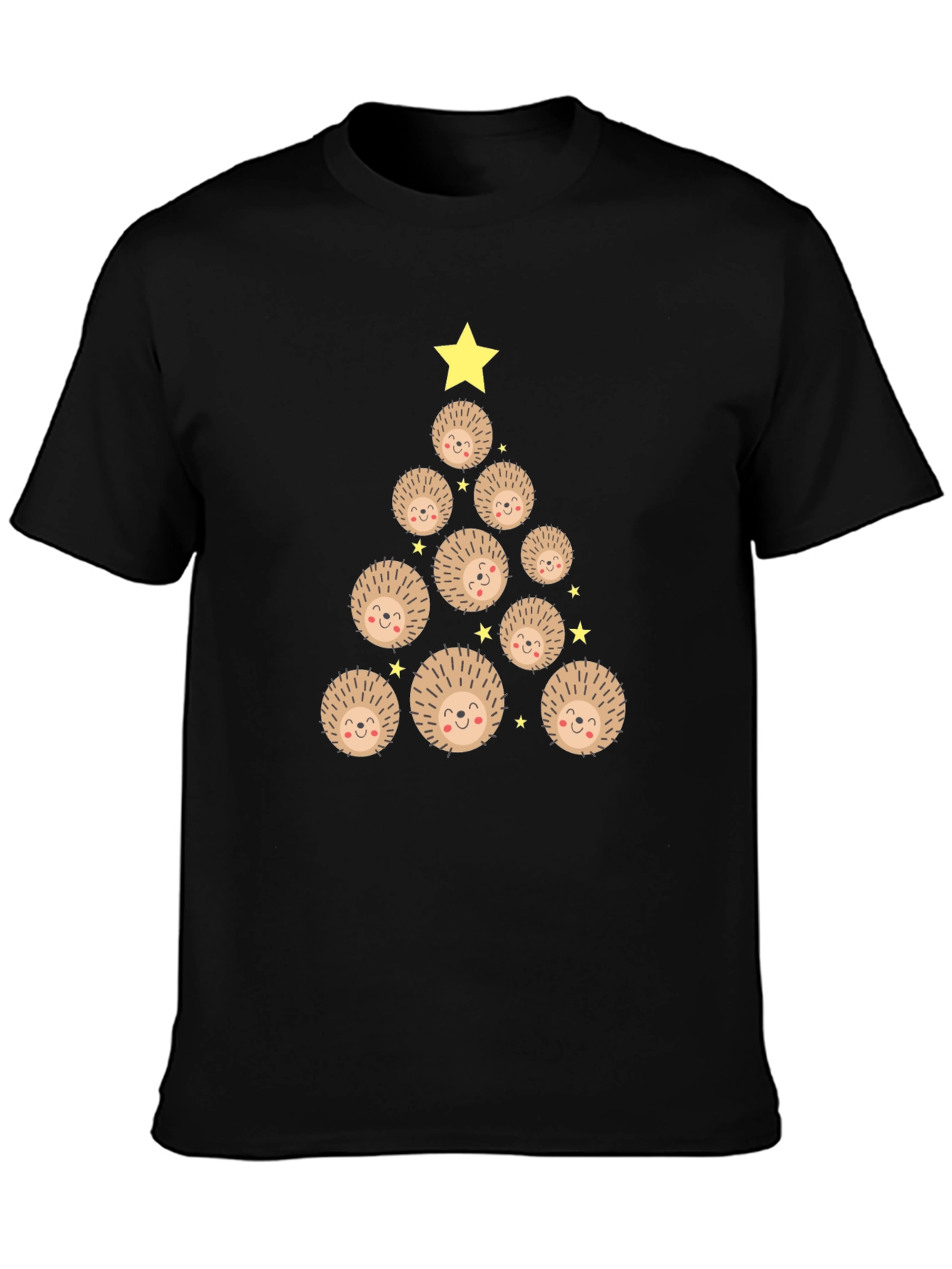 Camiseta Negra Árbol de Erizo Navideño