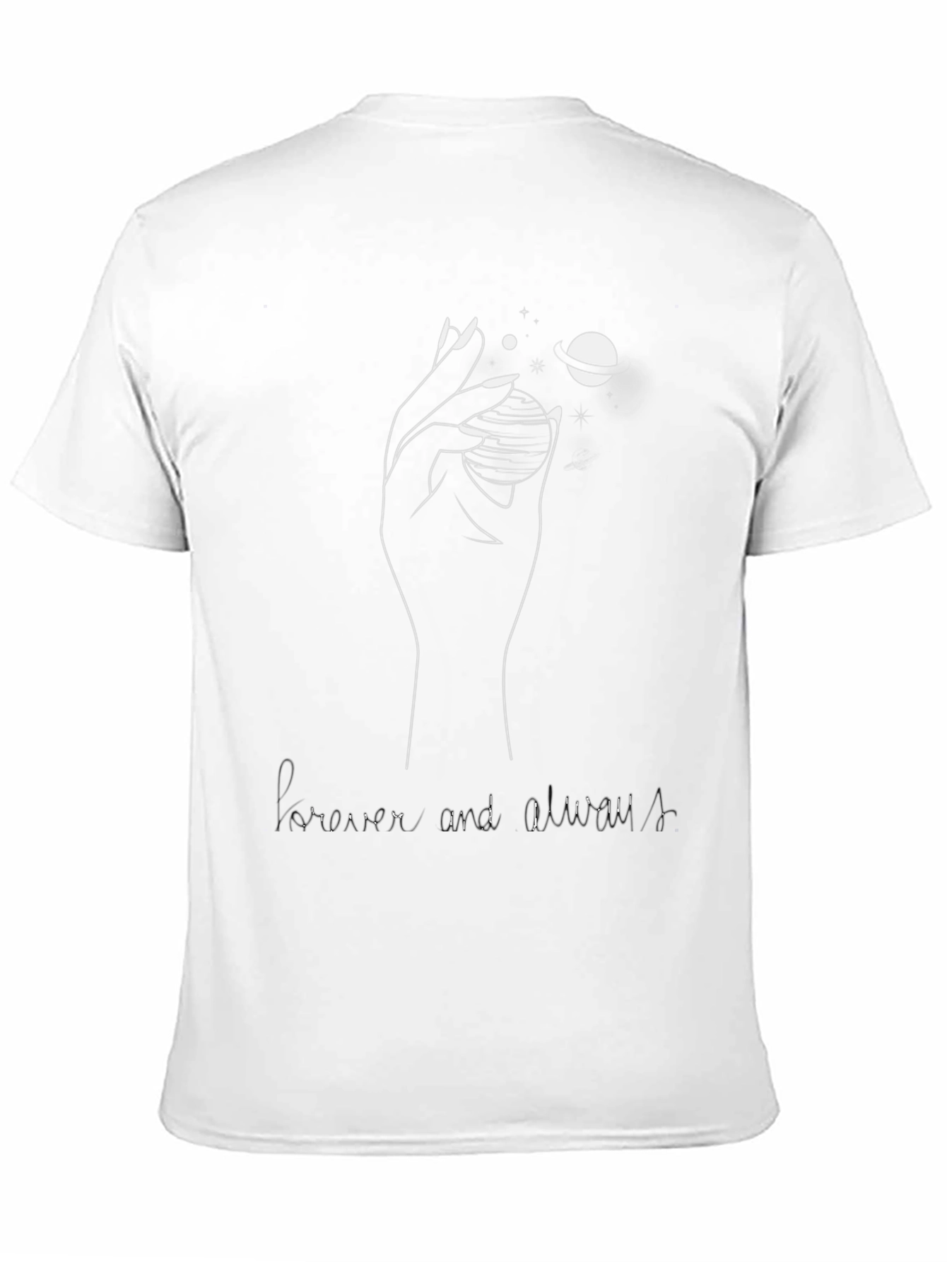 Camiseta Negra: Mano Planetas y Forever Always