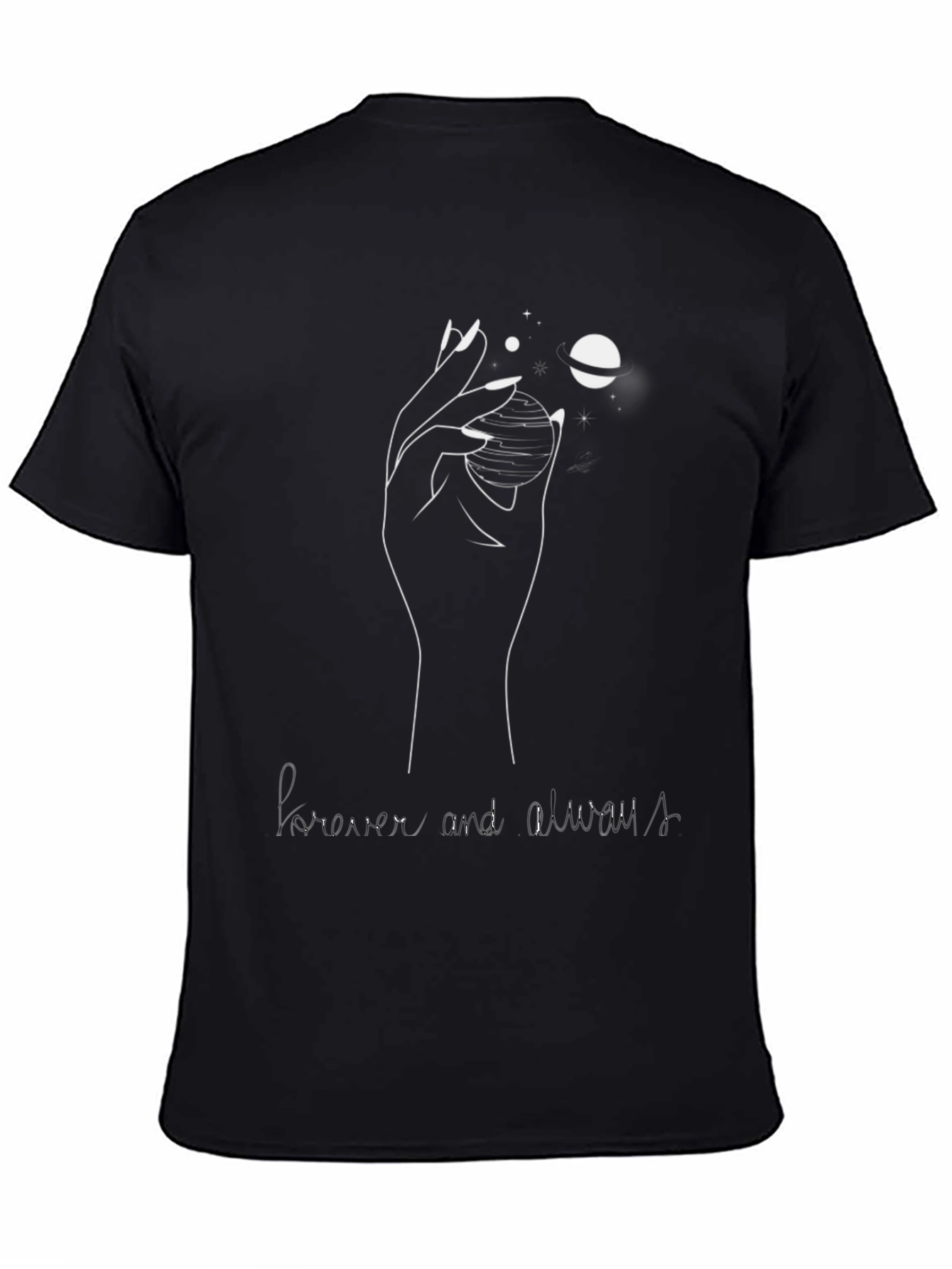 Camiseta Negra: Mano Planetas y Forever Always