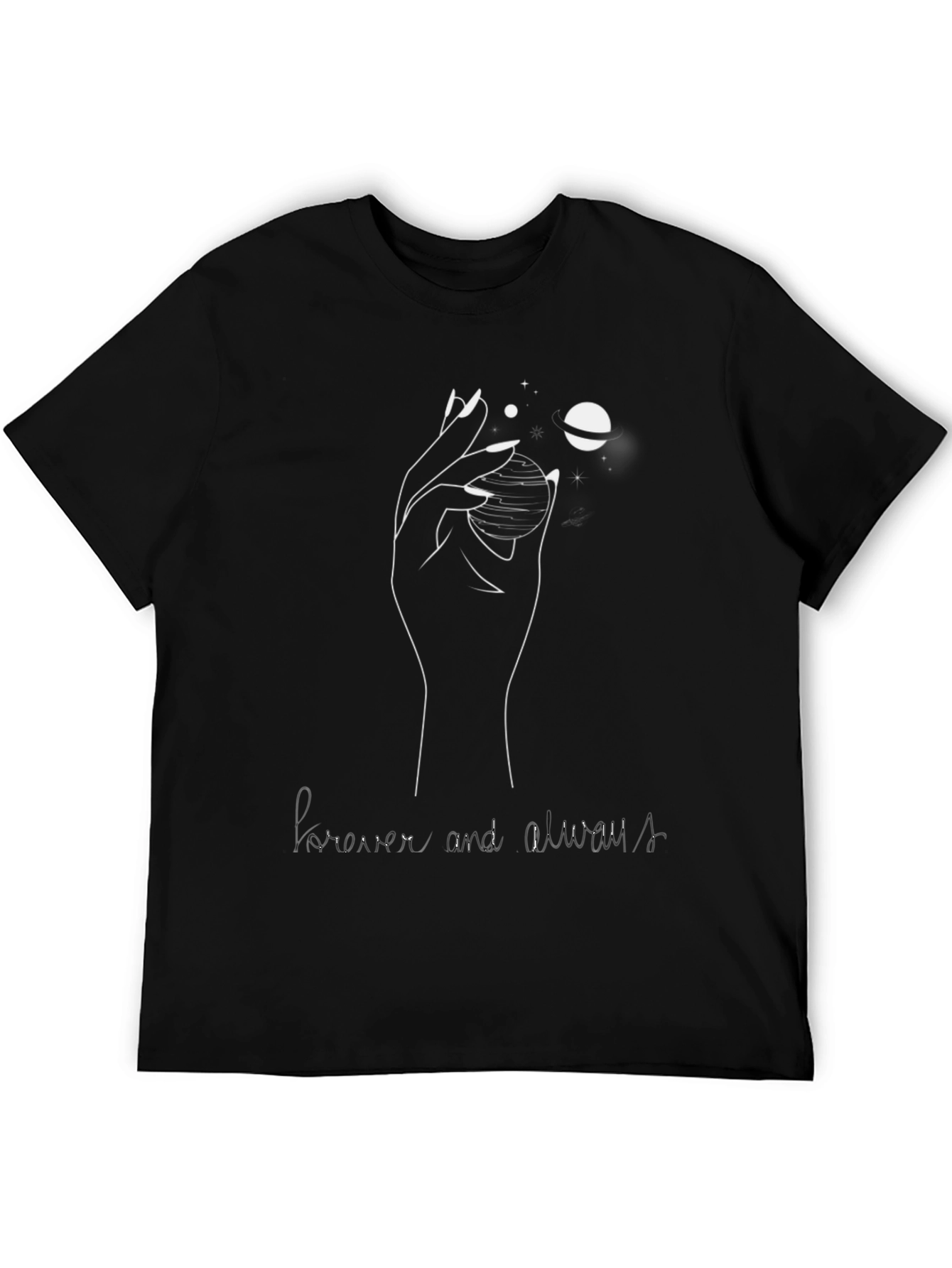 Camiseta Negra: Mano Planetas y Forever Always