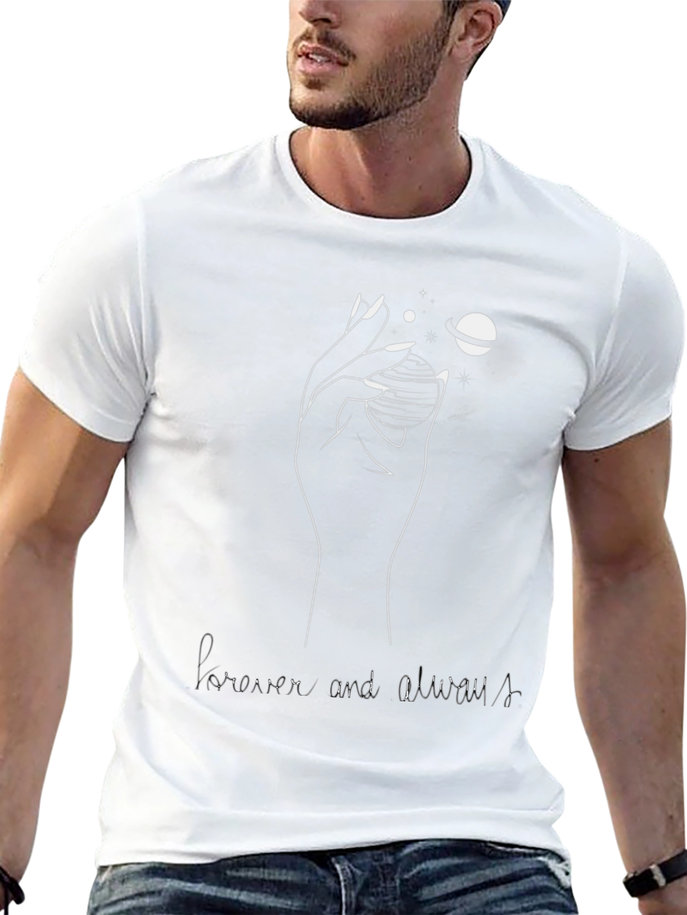 Camiseta Negra: Mano Planetas y Forever Always