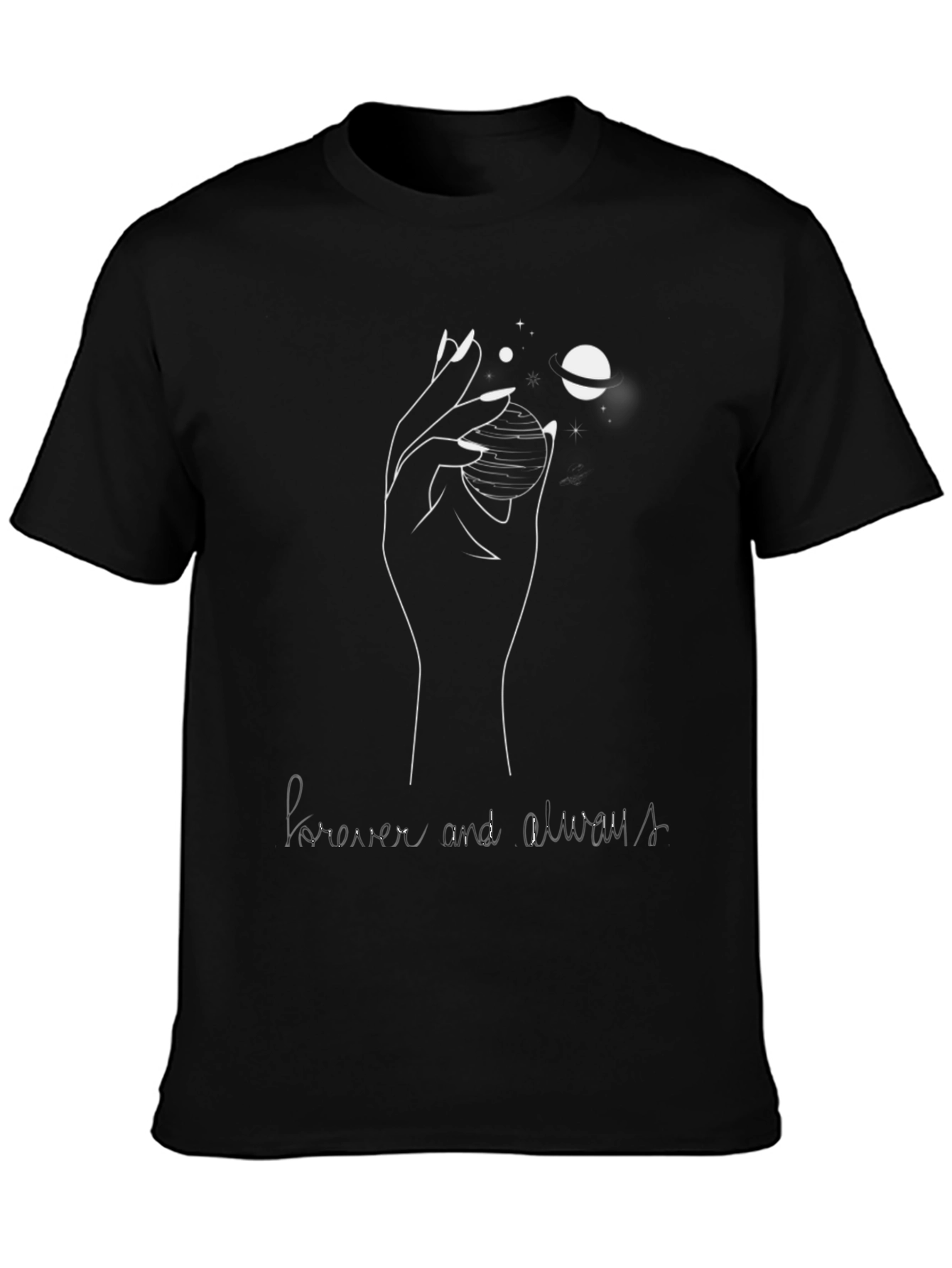 Camiseta Negra: Mano Planetas y Forever Always