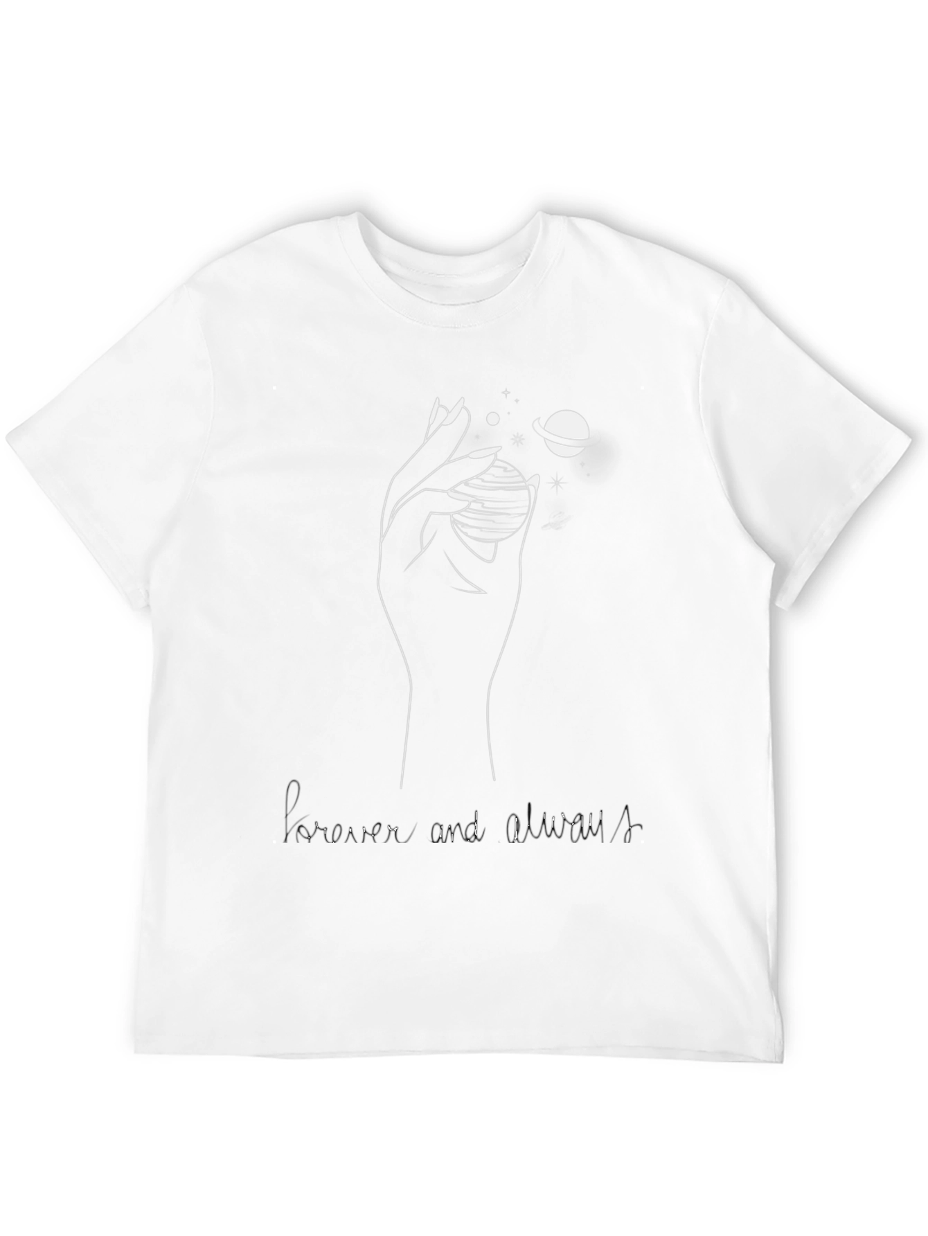 Camiseta Negra: Mano Planetas y Forever Always