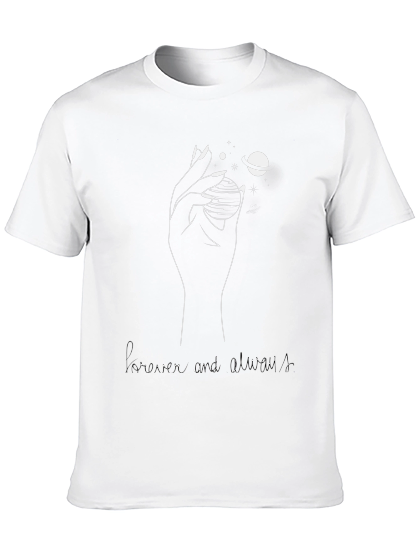 Camiseta Negra: Mano Planetas y Forever Always