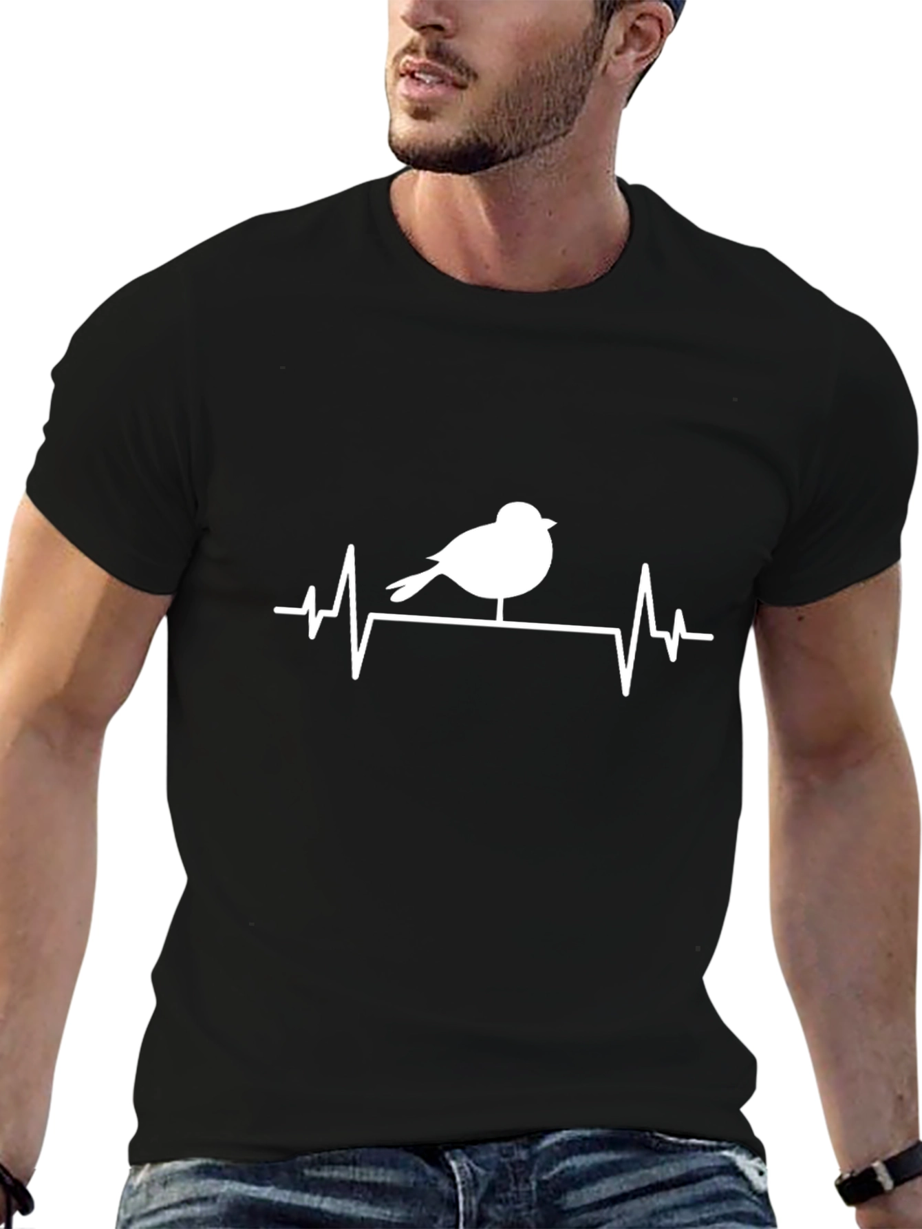 Camiseta Negra con Diseño de Pájaro y Ritmo Cardíaco