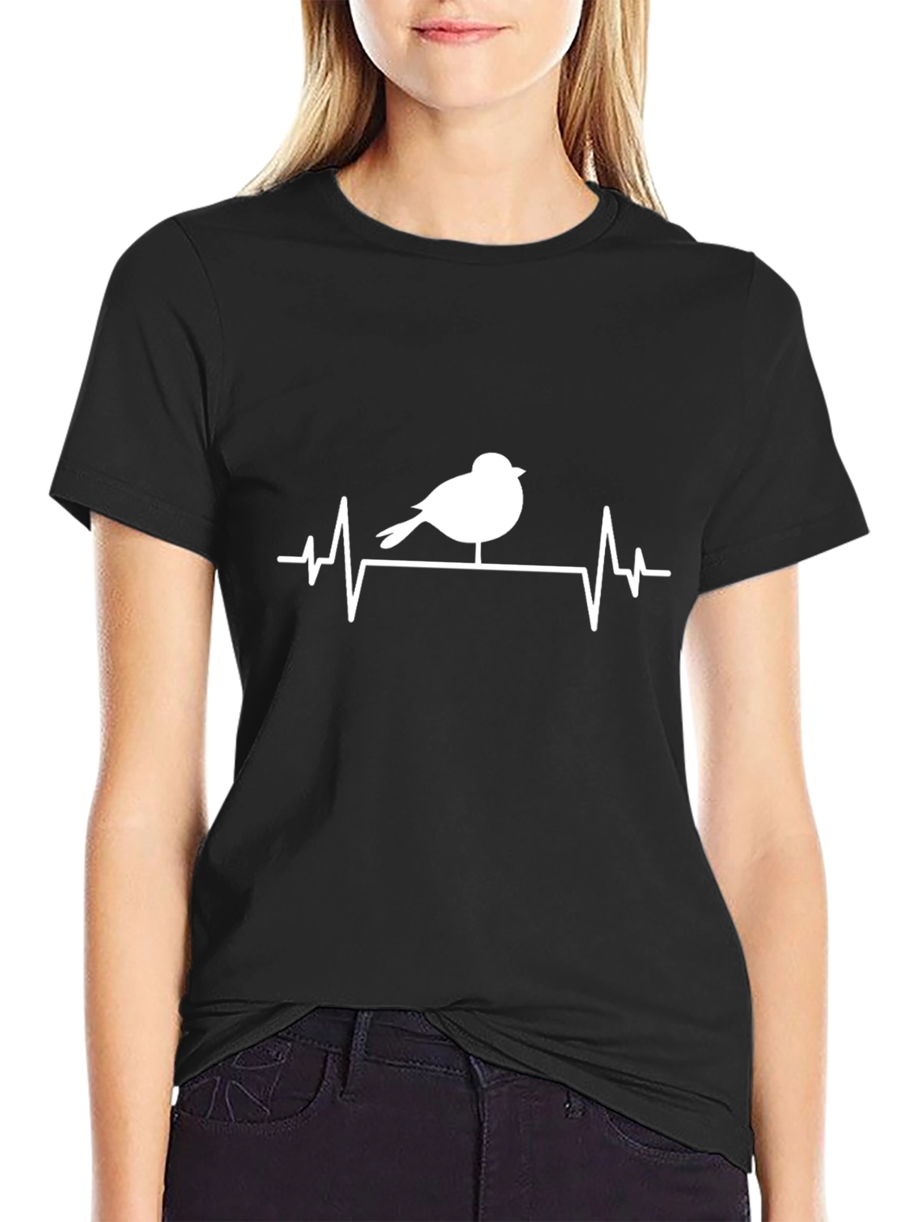 Camiseta Negra con Diseño de Pájaro y Ritmo Cardíaco
