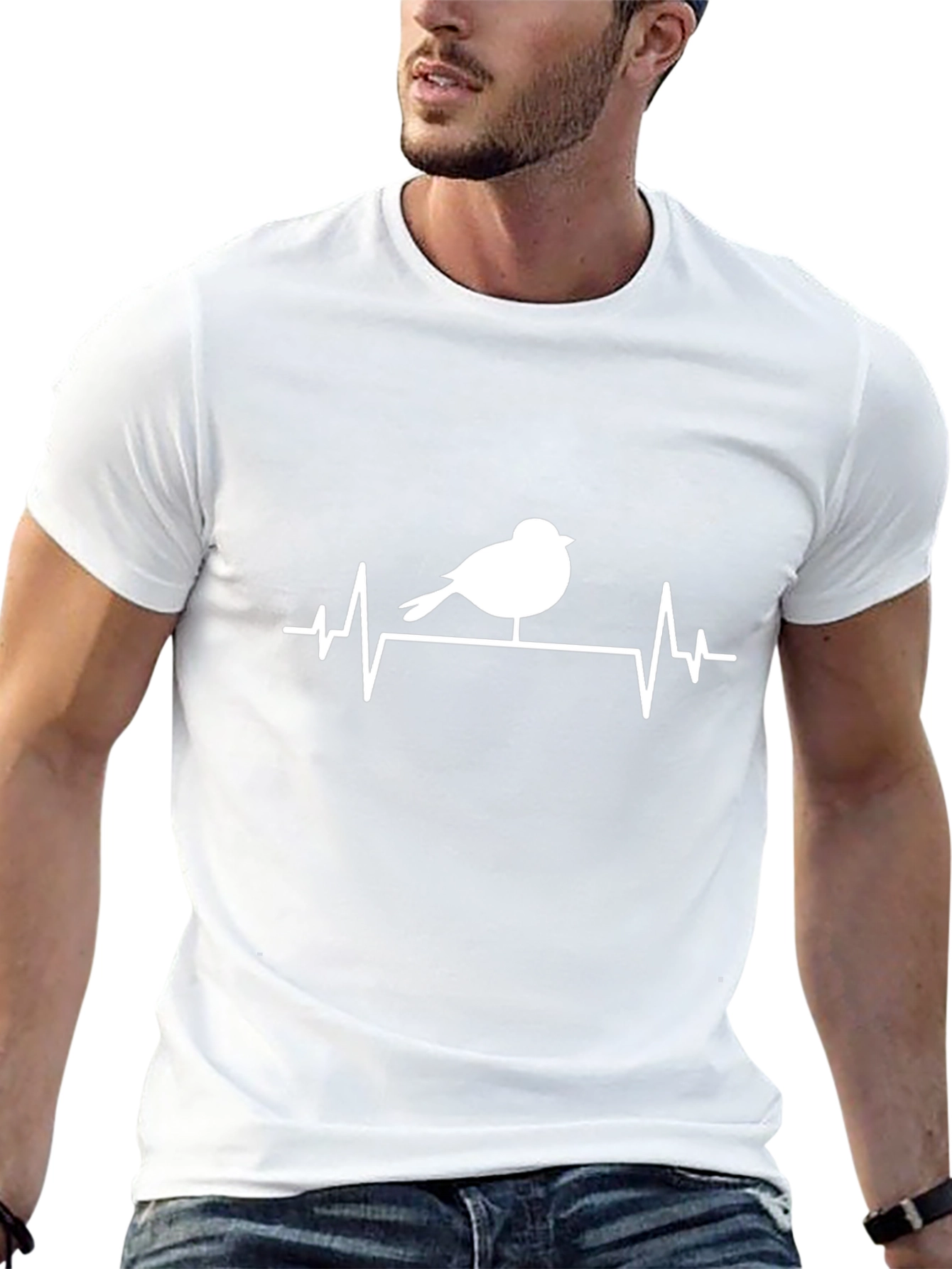Camiseta Negra con Diseño de Pájaro y Ritmo Cardíaco