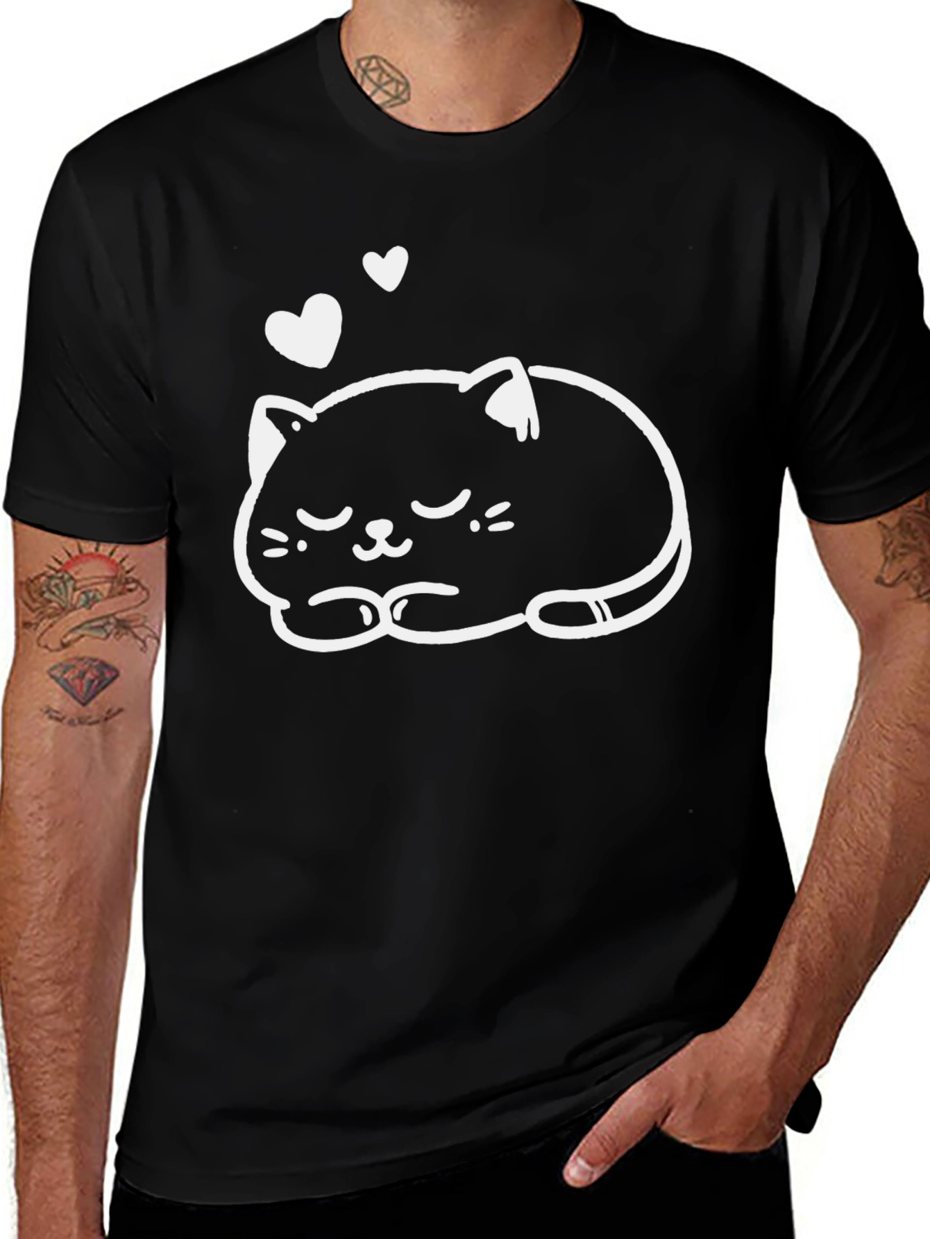 Camiseta Negra con Diseño de Gato Dormilón