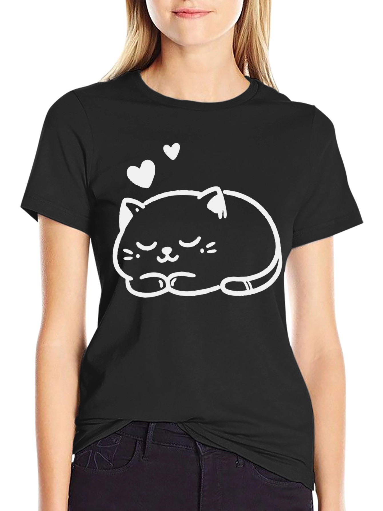 Camiseta Negra con Diseño de Gato Dormilón