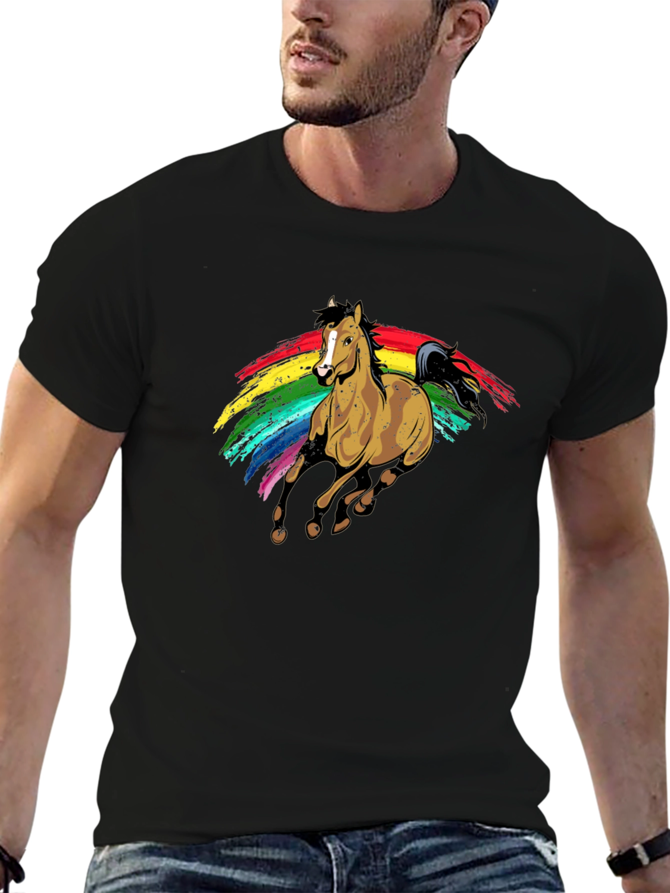 Camiseta Negra con Estampado de Caballo Arcoíris