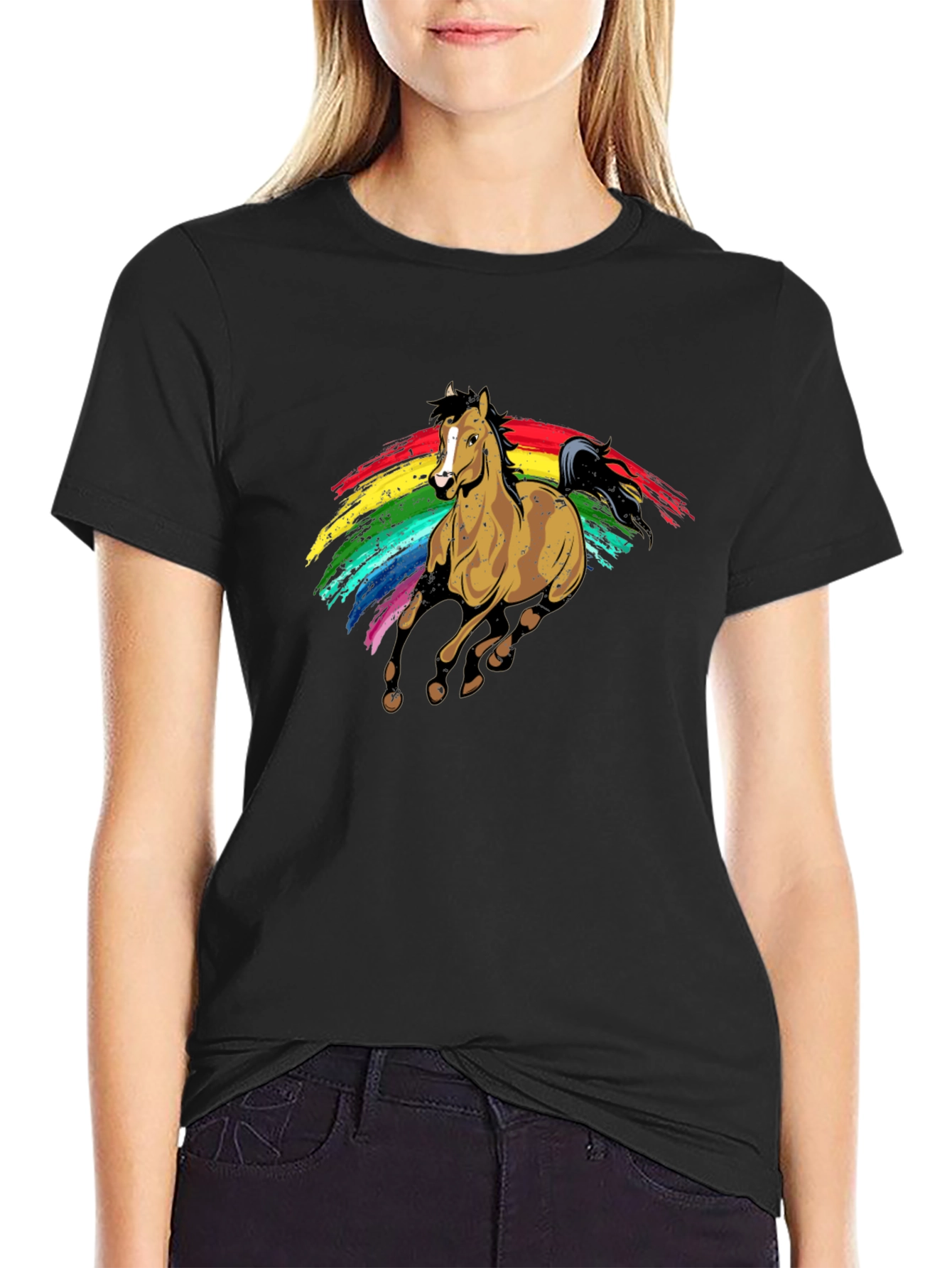 Camiseta Negra con Estampado de Caballo Arcoíris