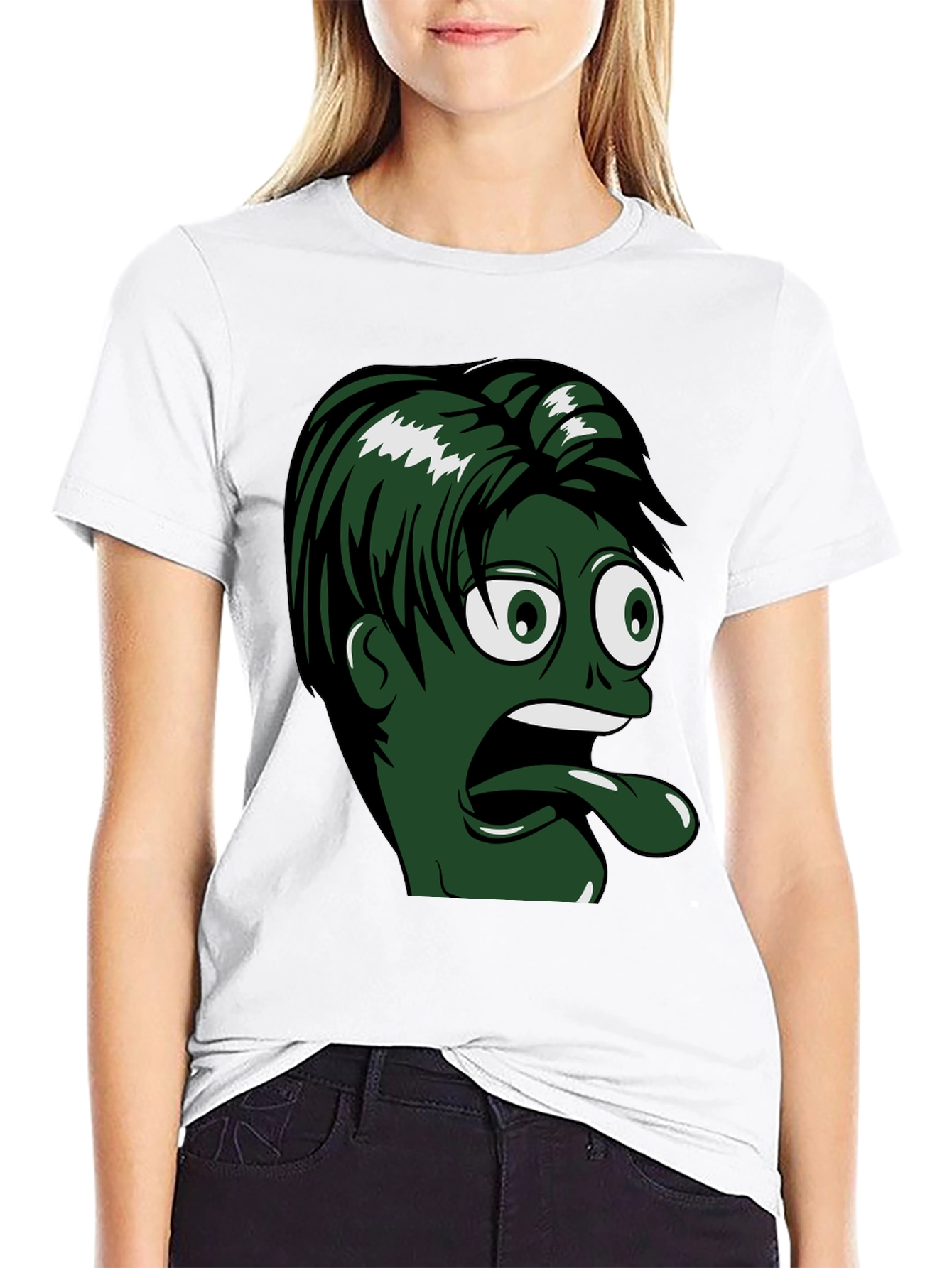 Camiseta Negra con Diseño Animado de Cara Verde